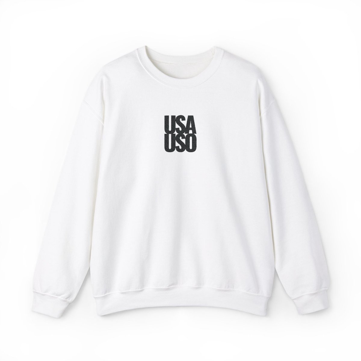 Black embroidered unisex heavy sweatshirt by Fulfill Engine with USA USO logo, shown in a close-up view.