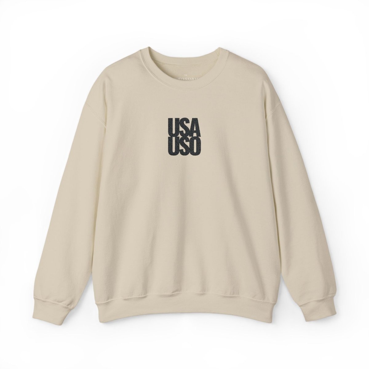 Unisex heavy black sweatshirt by Fulfill Engine with USA USO embroidery, shown in black fabric with detailed embroidery.