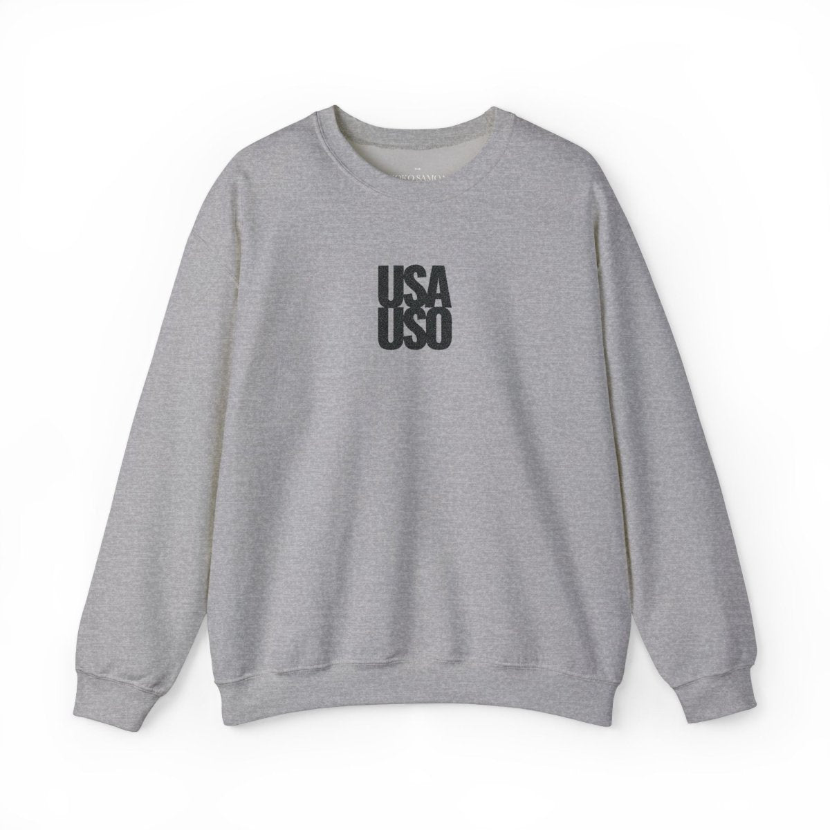 Unisex heavy black sweatshirt with USA USO embroidered logo from Fulfill Engine, casual style, front view.