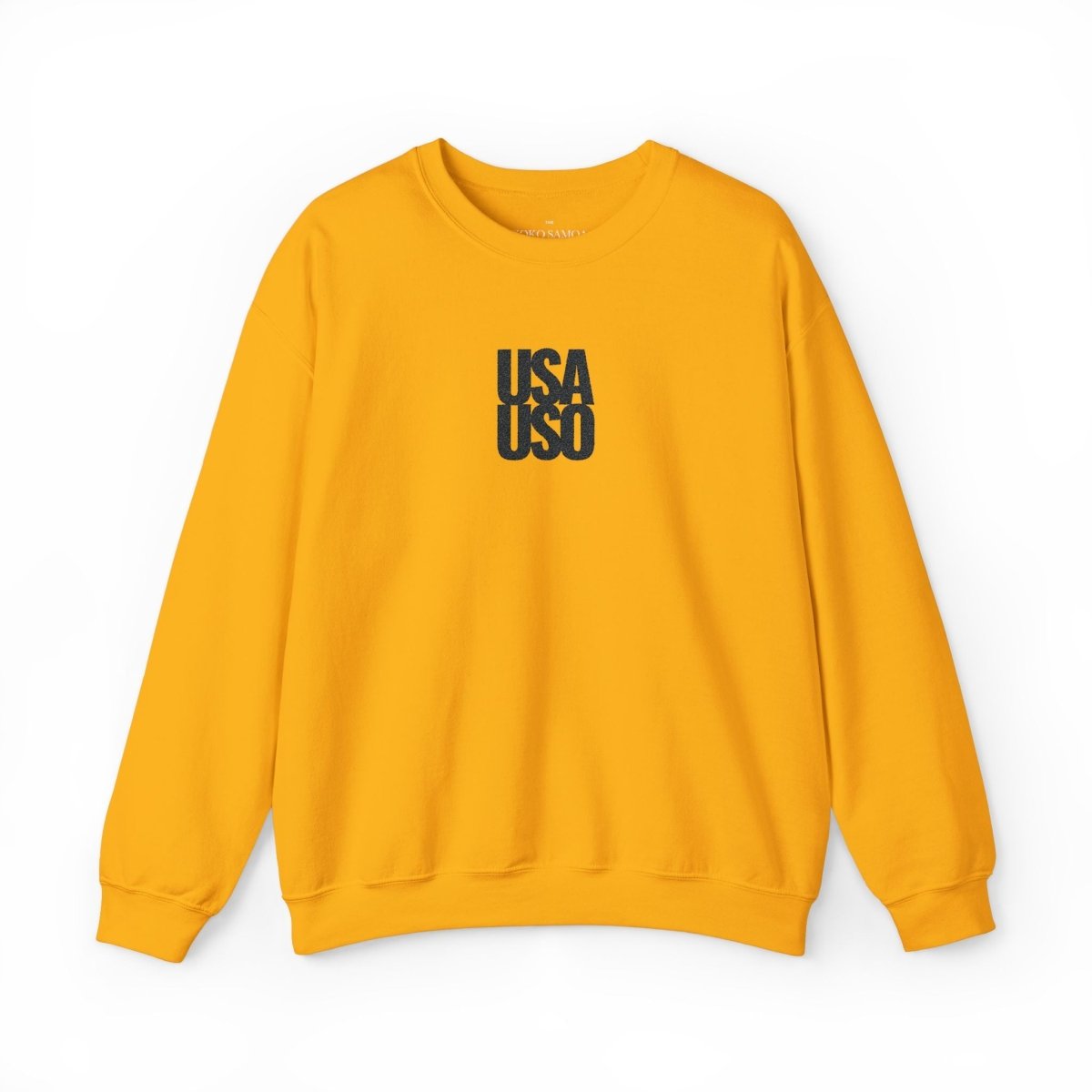 Black embroidered Fulfill Engine unisex heavy sweatshirt with USO USA design, featuring a comfortable, casual fit.