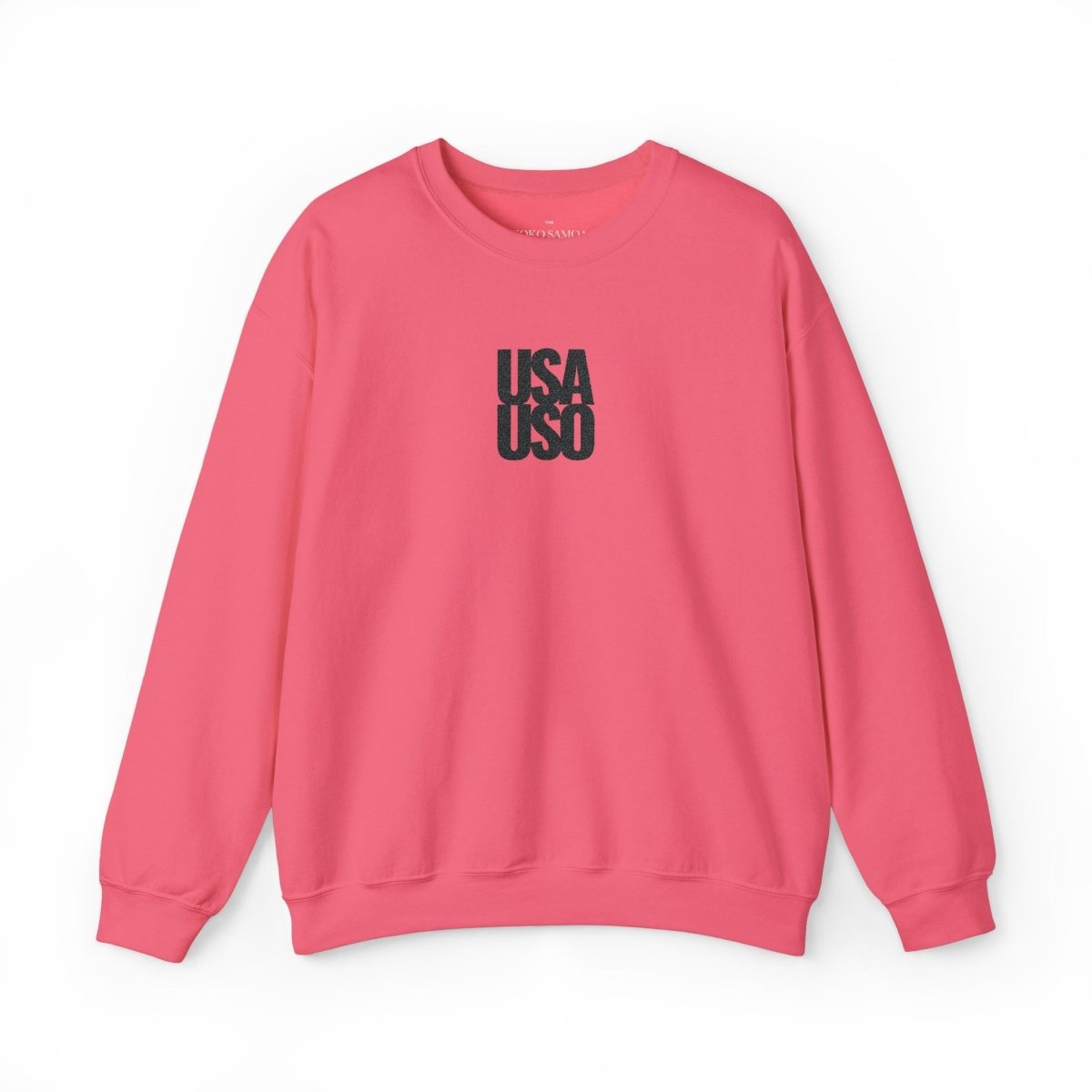 Unisex heavy black sweatshirt by Fulfill Engine with embroidered USA USO logo, shown in black color with front design.