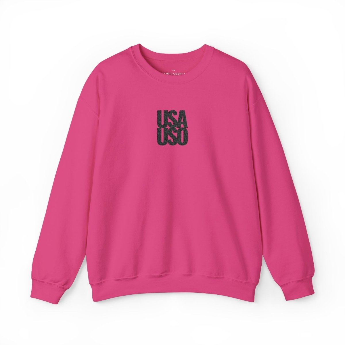 Black embroidered unisex heavy sweatshirt by Fulfill Engine with USA USO design, casual style, suitable for AU, NZ, and US.