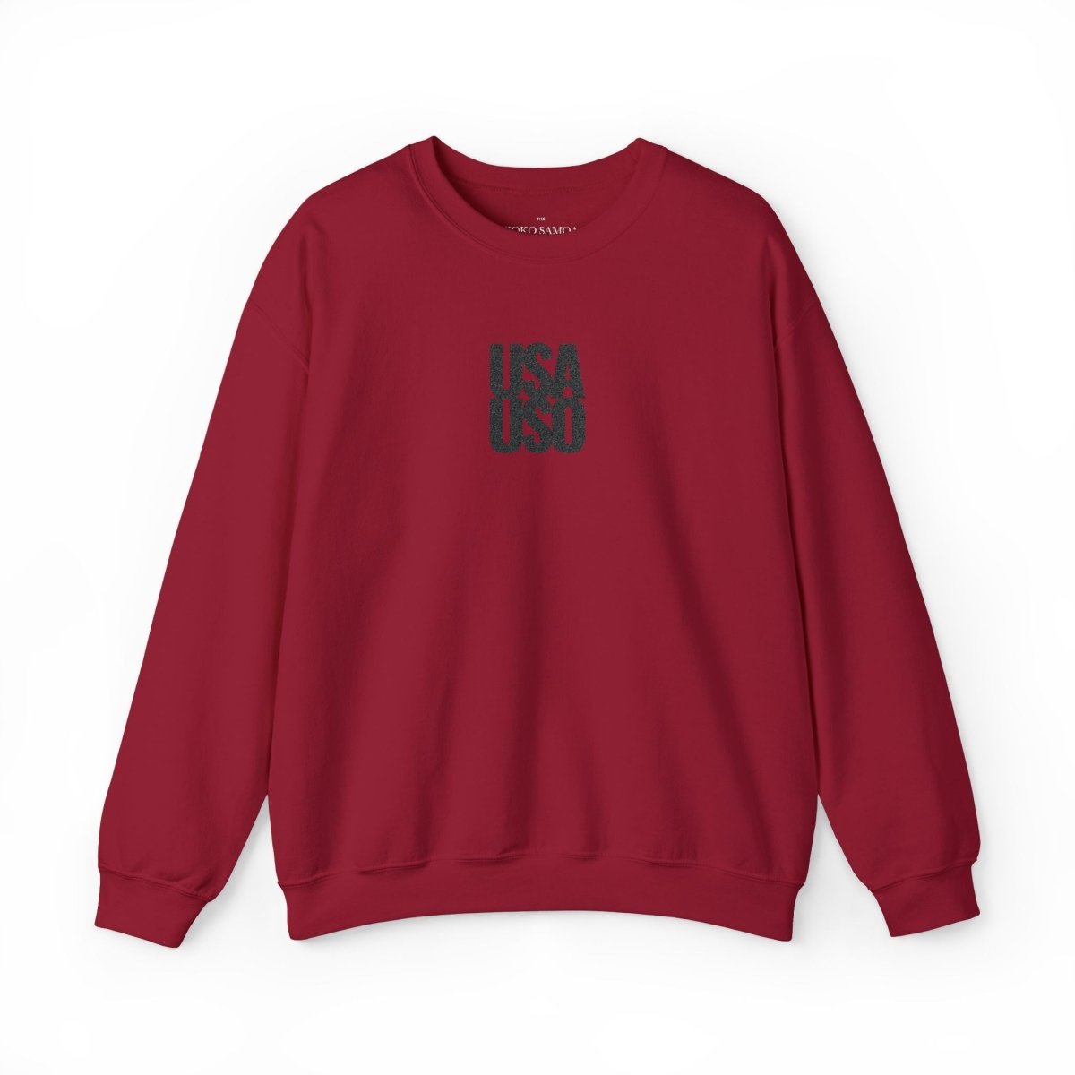 Black embroidered unisex heavy sweatshirt by Fulfill Engine, featuring USA USO theme, shown in a front view.