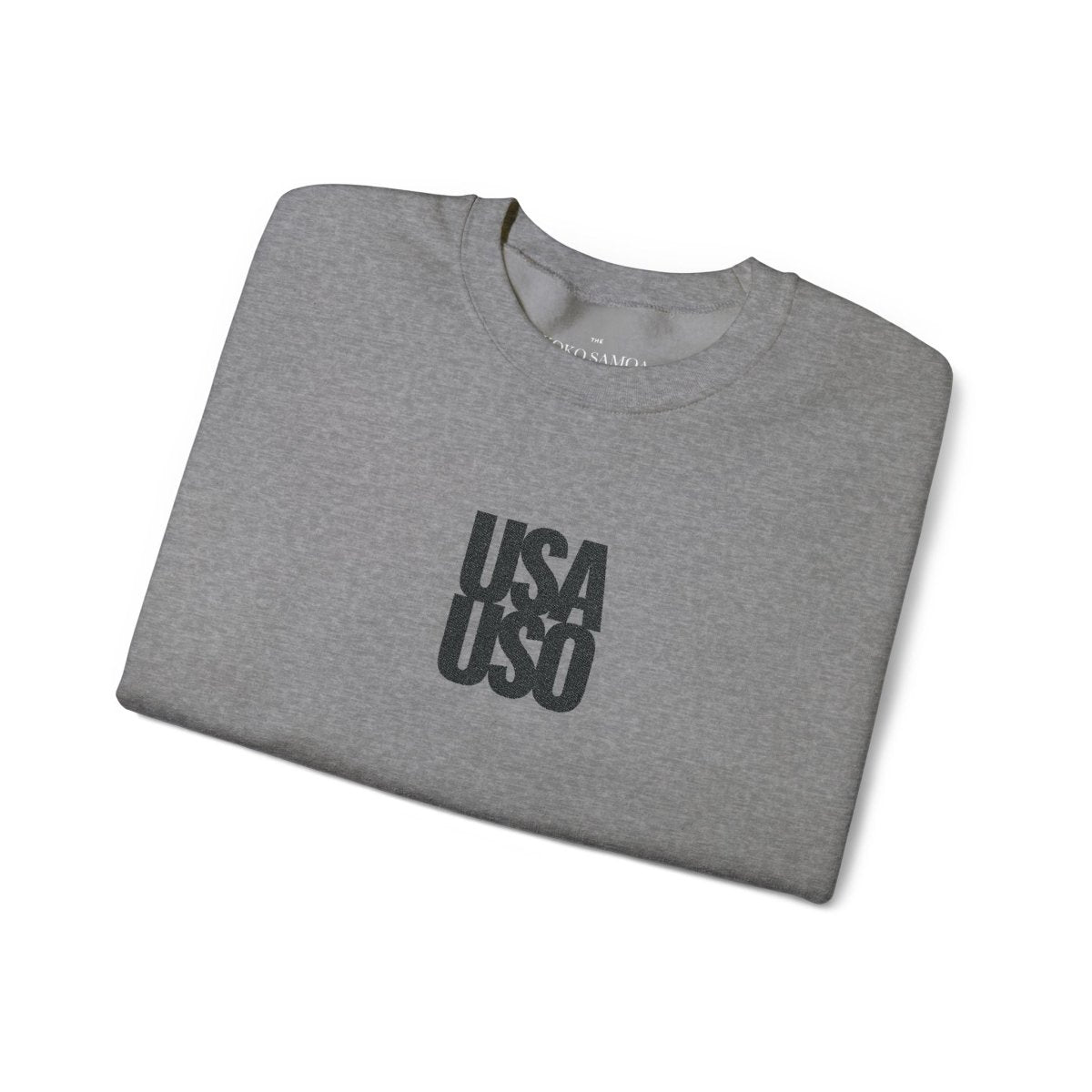 Black Fulfill Engine unisex heavy sweatshirt with USA USO embroidery, featuring a comfortable fit and casual style.