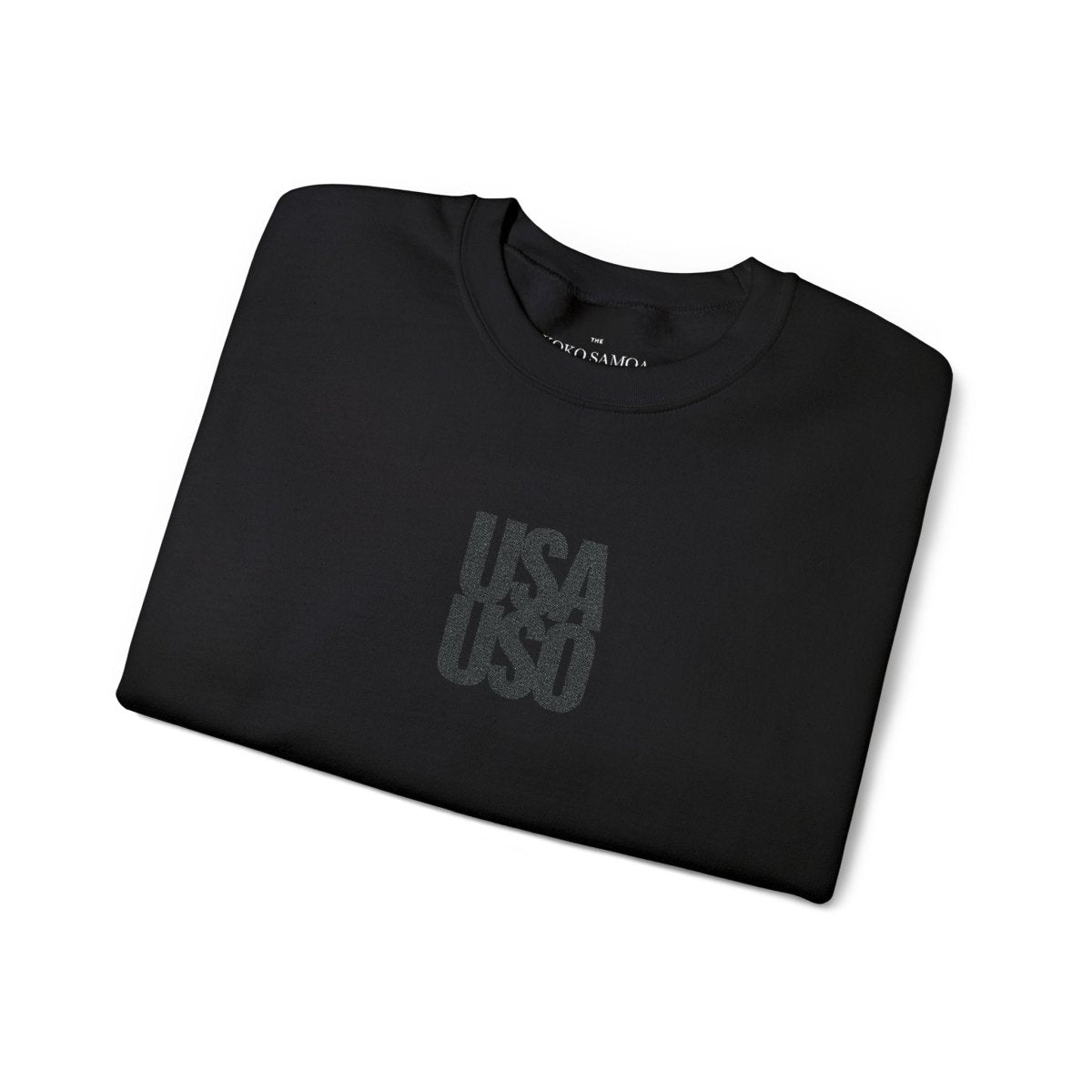 Unisex heavy black sweatshirt by Fulfill Engine with USA USO embroidery, suitable for AU, NZ, and US.