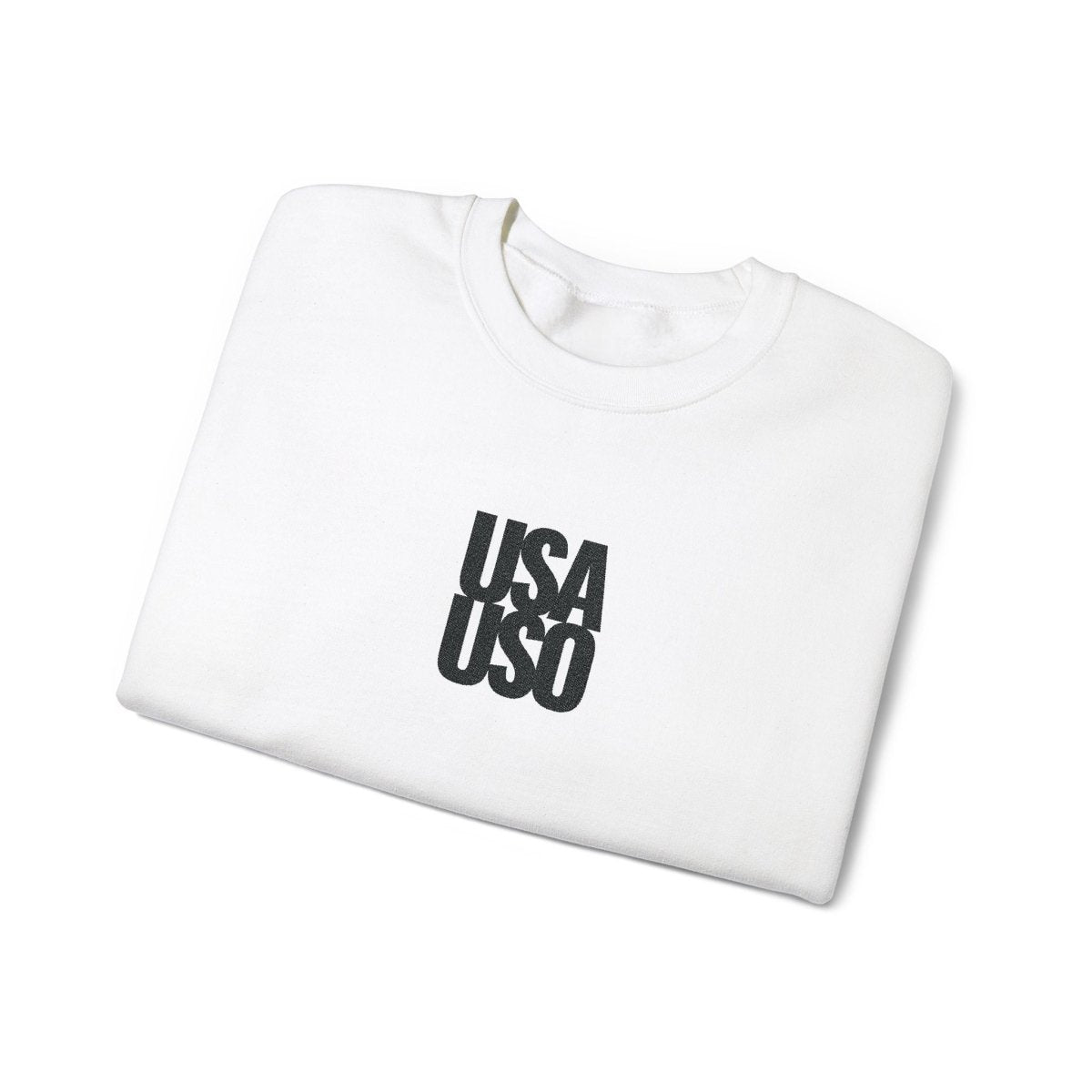 Black embroidered unisex heavy sweatshirt by Fulfill Engine featuring USA USO design, suitable for AU, NZ, and US regions.