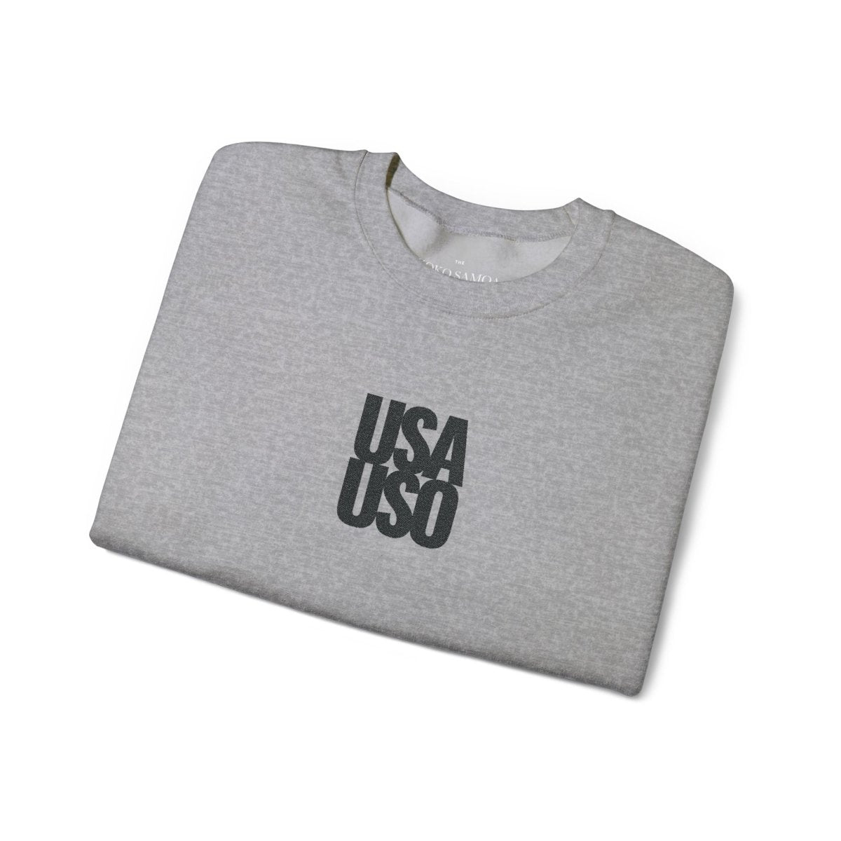 Black embroidered unisex heavy sweatshirt by Fulfill Engine featuring USA USO design, suitable for AU, NZ, and US wear.