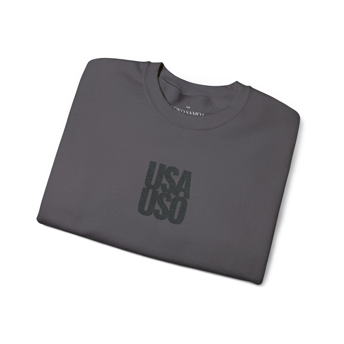 Black unisex heavy sweatshirt by Fulfill Engine with USO embroidery, featuring a comfortable fit and USA-themed design.