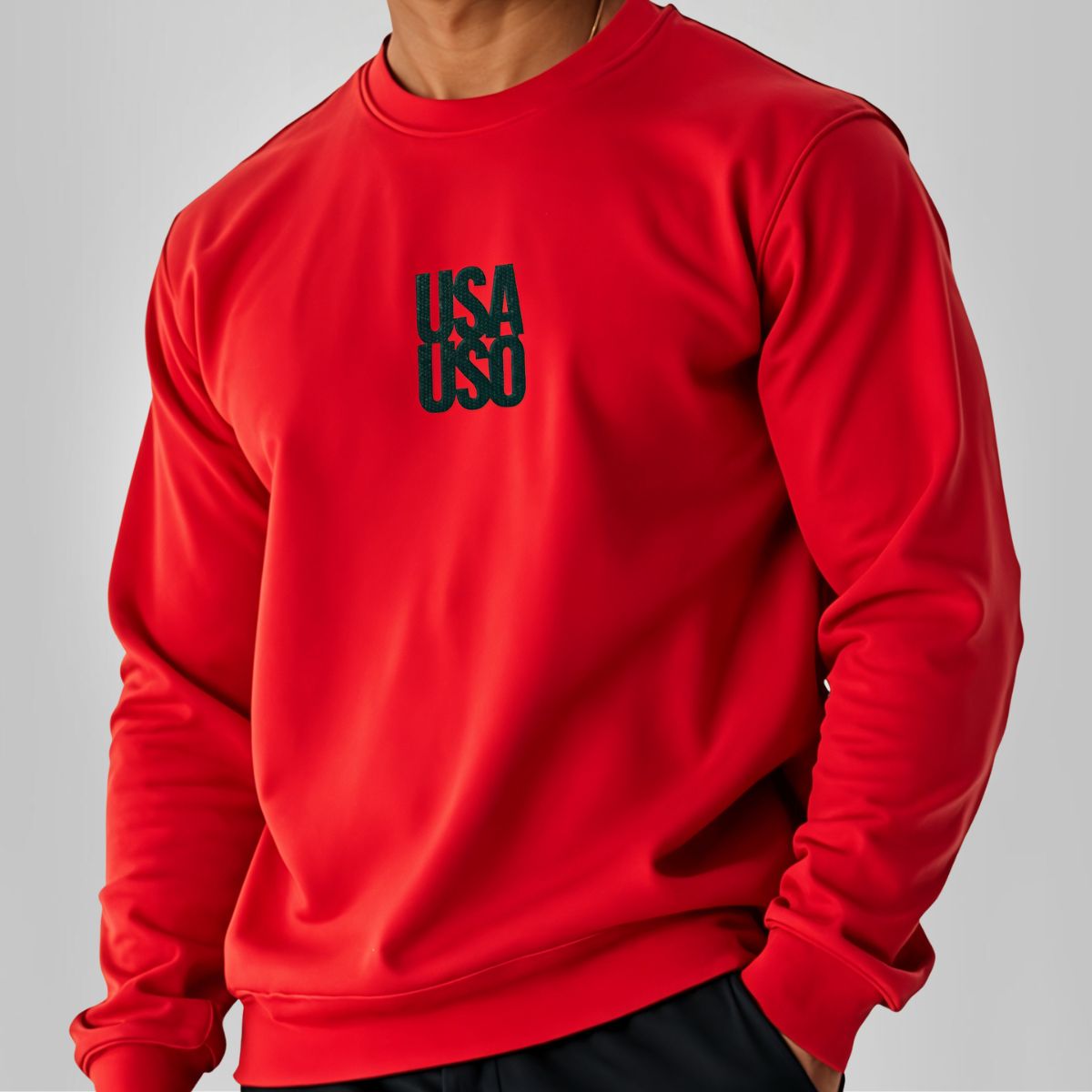 Black embroidered unisex heavy sweatshirt by Fulfill Engine, featuring USA USO branding and classic design.