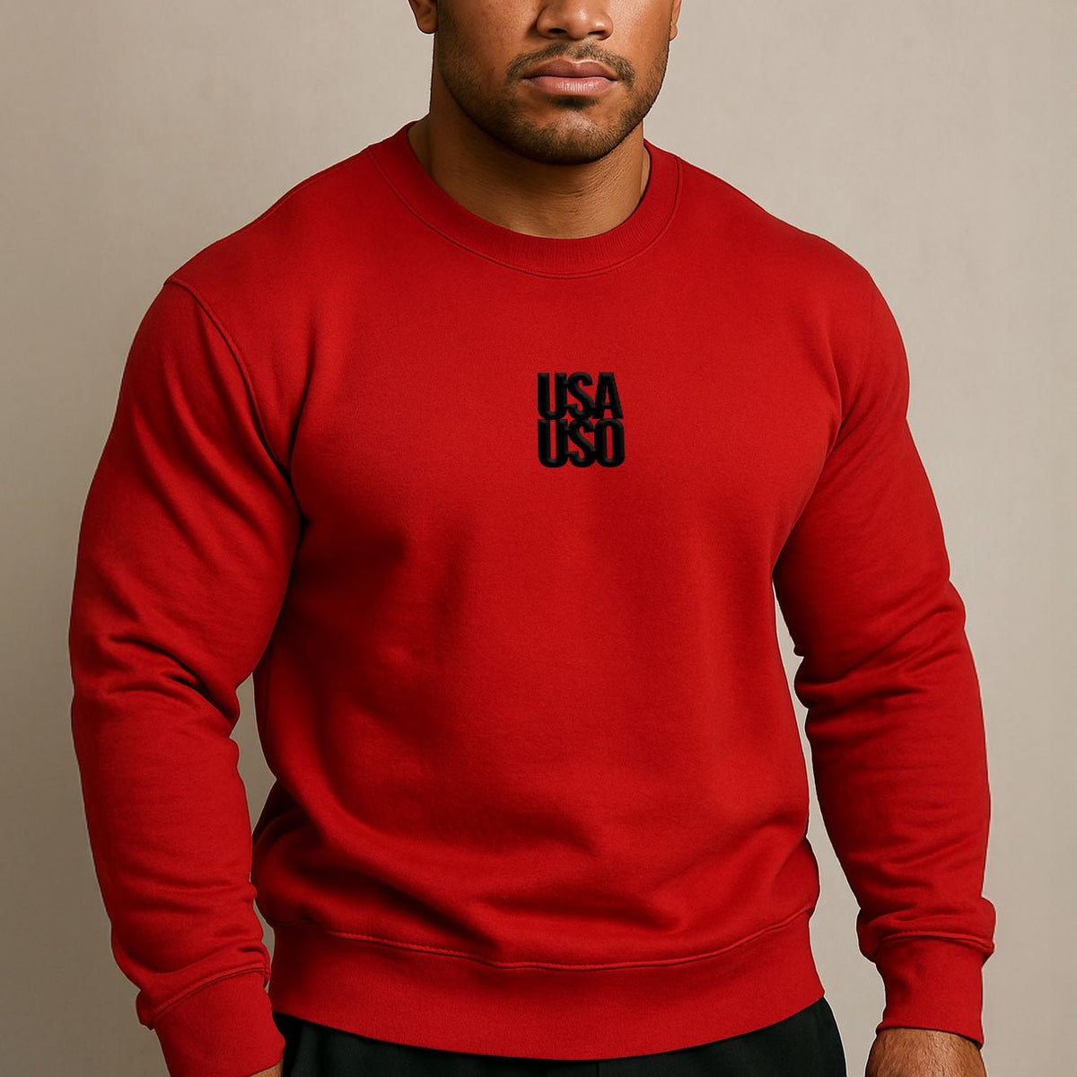 Black unisex heavy sweatshirt with USA USO embroidery by Fulfill Engine, featuring a comfortable fit and bold embroidered design.