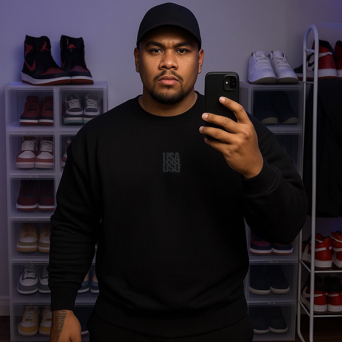 Black embroidered unisex heavy sweatshirt by Fulfill Engine featuring USA USO design, suitable for AU, NZ, and US wear.