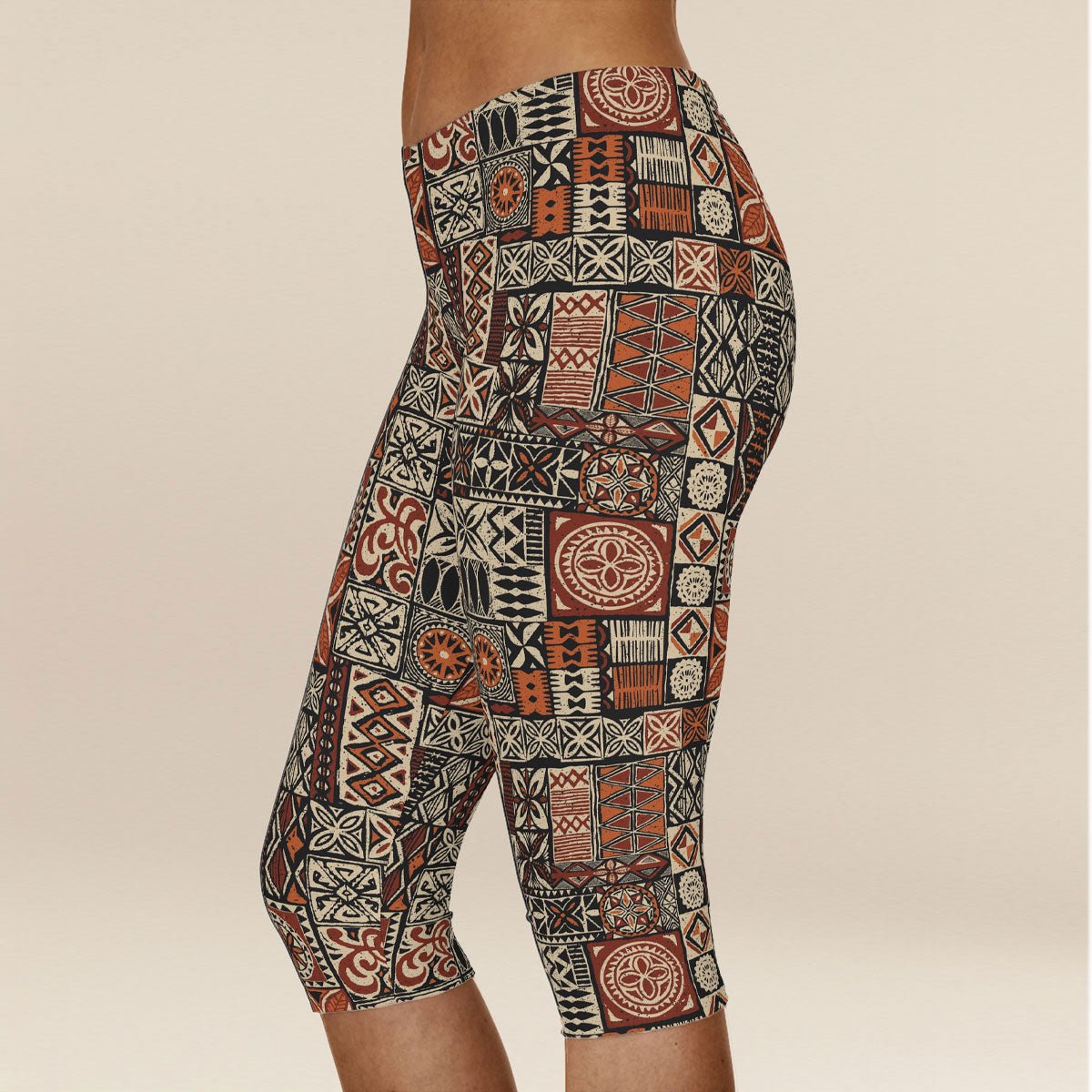 Brown FYBY Islandflex Capri Leggings by Elei, showing a close-up of the stretchy, comfortable fabric and fit.