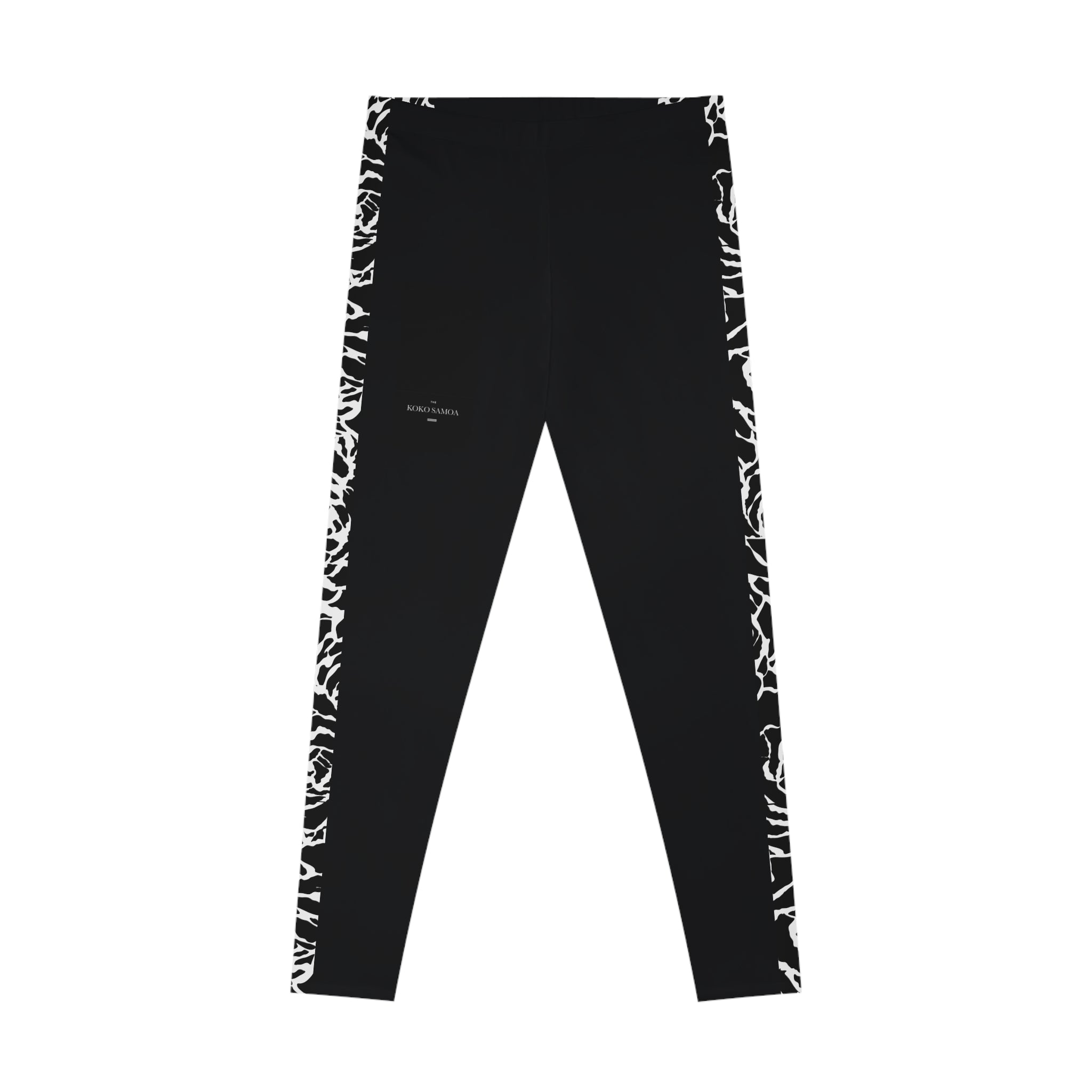 Black FYBY IslandFlex mid-rise leggings with a Faleasiu Nights design, shown on a model in a casual pose.