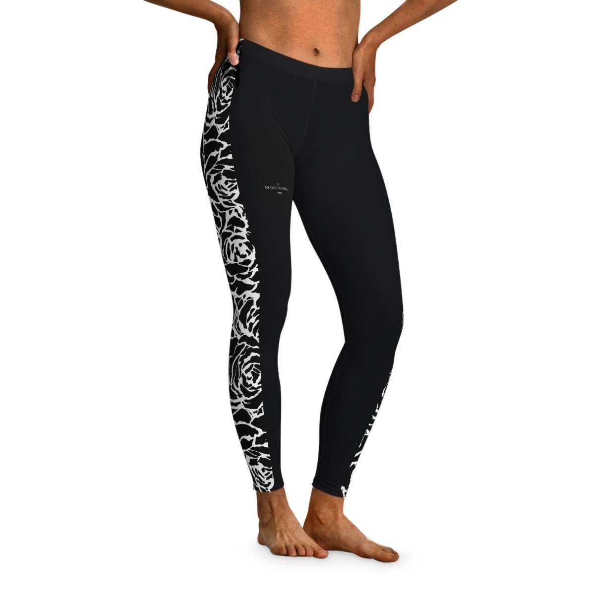 Black FYBY IslandFlex Mid-Rise Leggings in Faleasiu Nights, showcasing the snug fit and comfortable waistband.