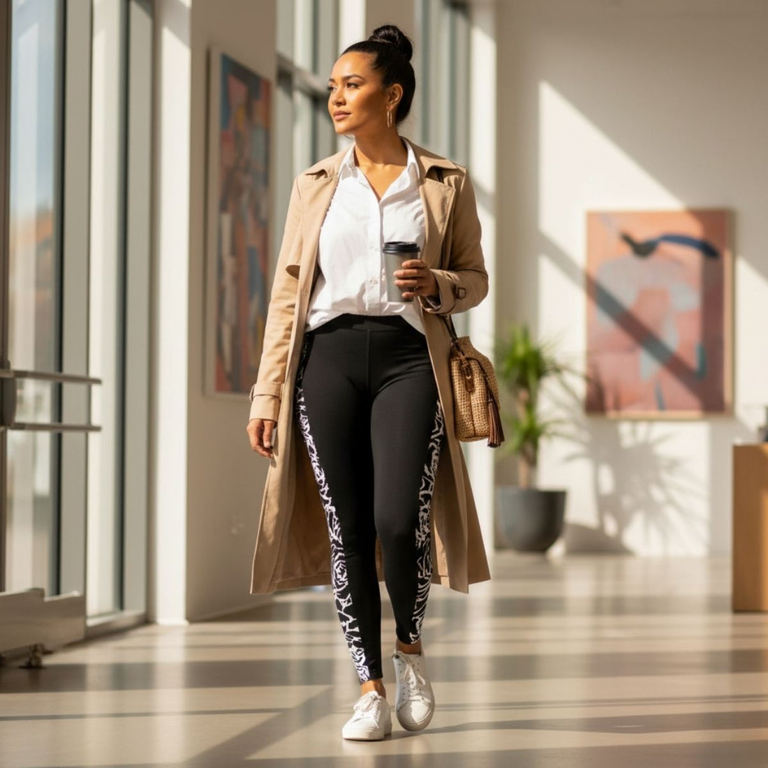 Black FYBY IslandFlex mid-rise leggings with a sleek fit, designed for comfort and style in Faleasiu Nights pattern.