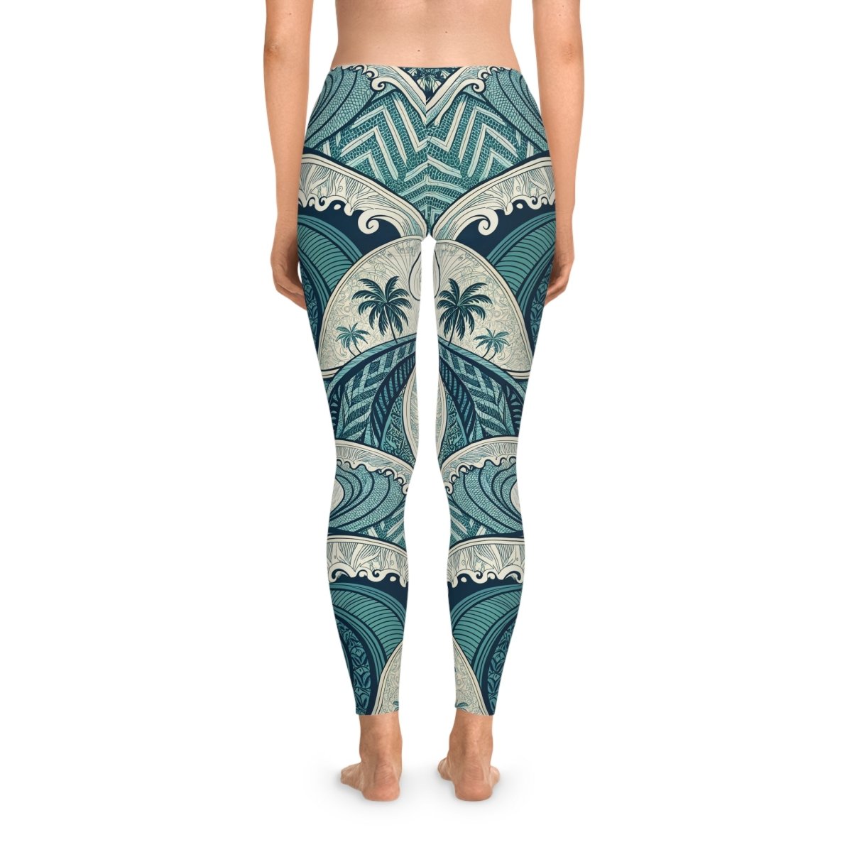 FYBY IslandFlex mid-rise leggings in blue waves with matching seam thread, showcasing the comfortable fit and vibrant design.