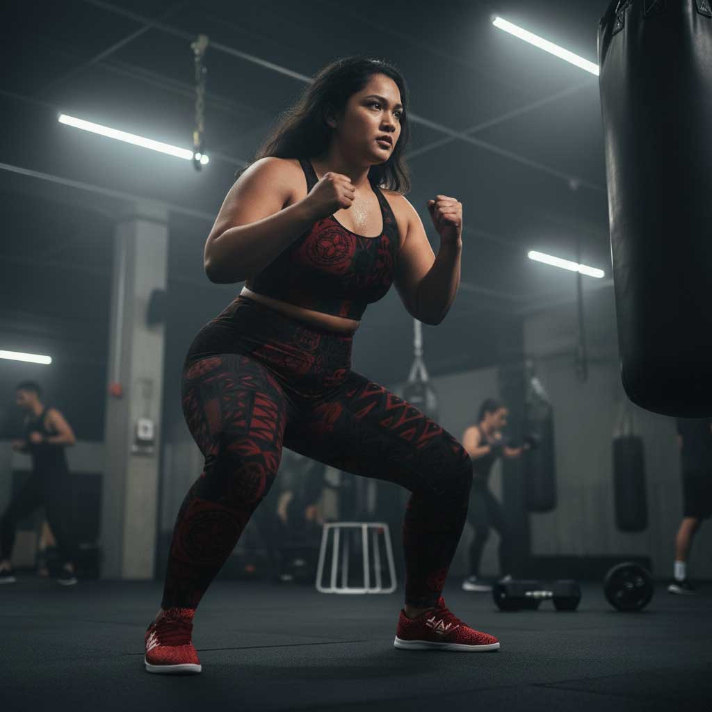 FYBY IslandFlex mid-rise leggings in Elei Red, showcasing their fitted design and seamless thread matching for AU, NZ, and US markets.