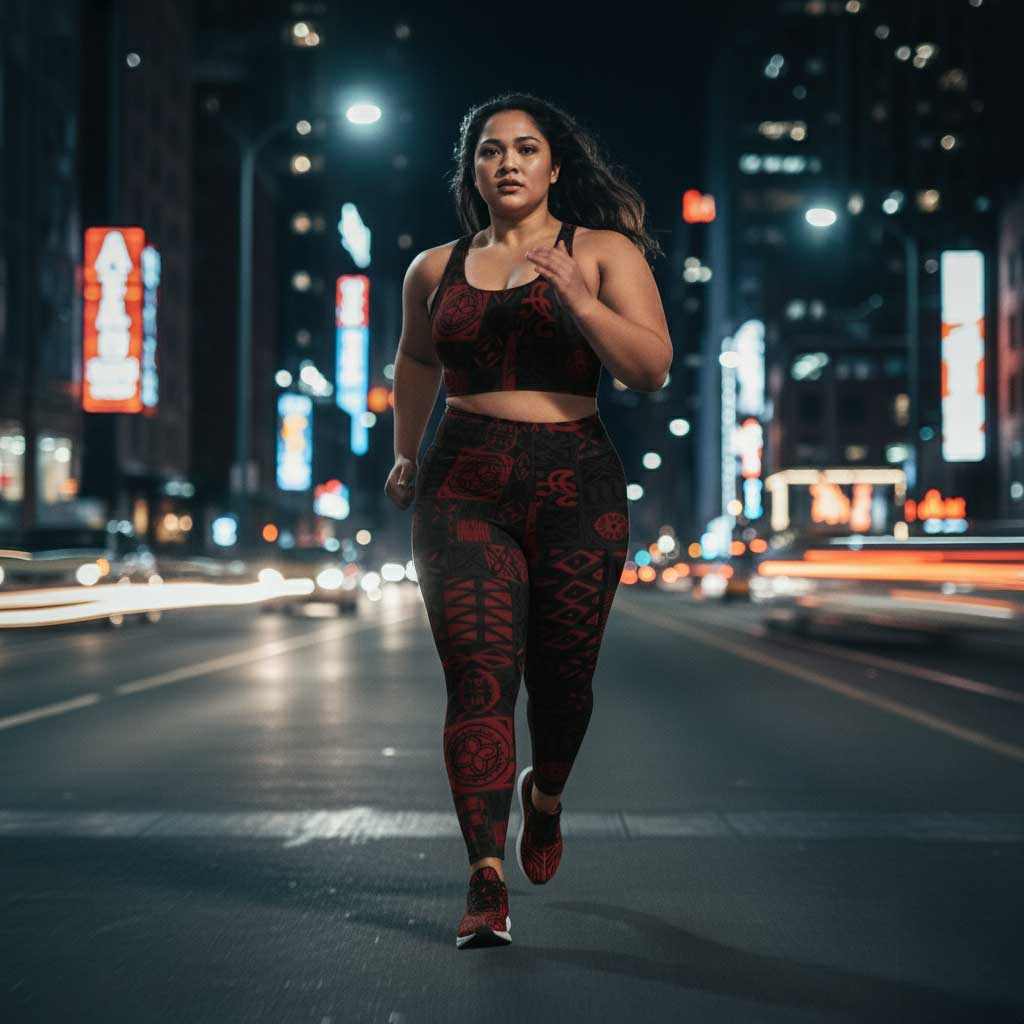 FYBY IslandFlex mid-rise leggings in Elei Red, featuring seamless design and matching thread details for a stylish fit.