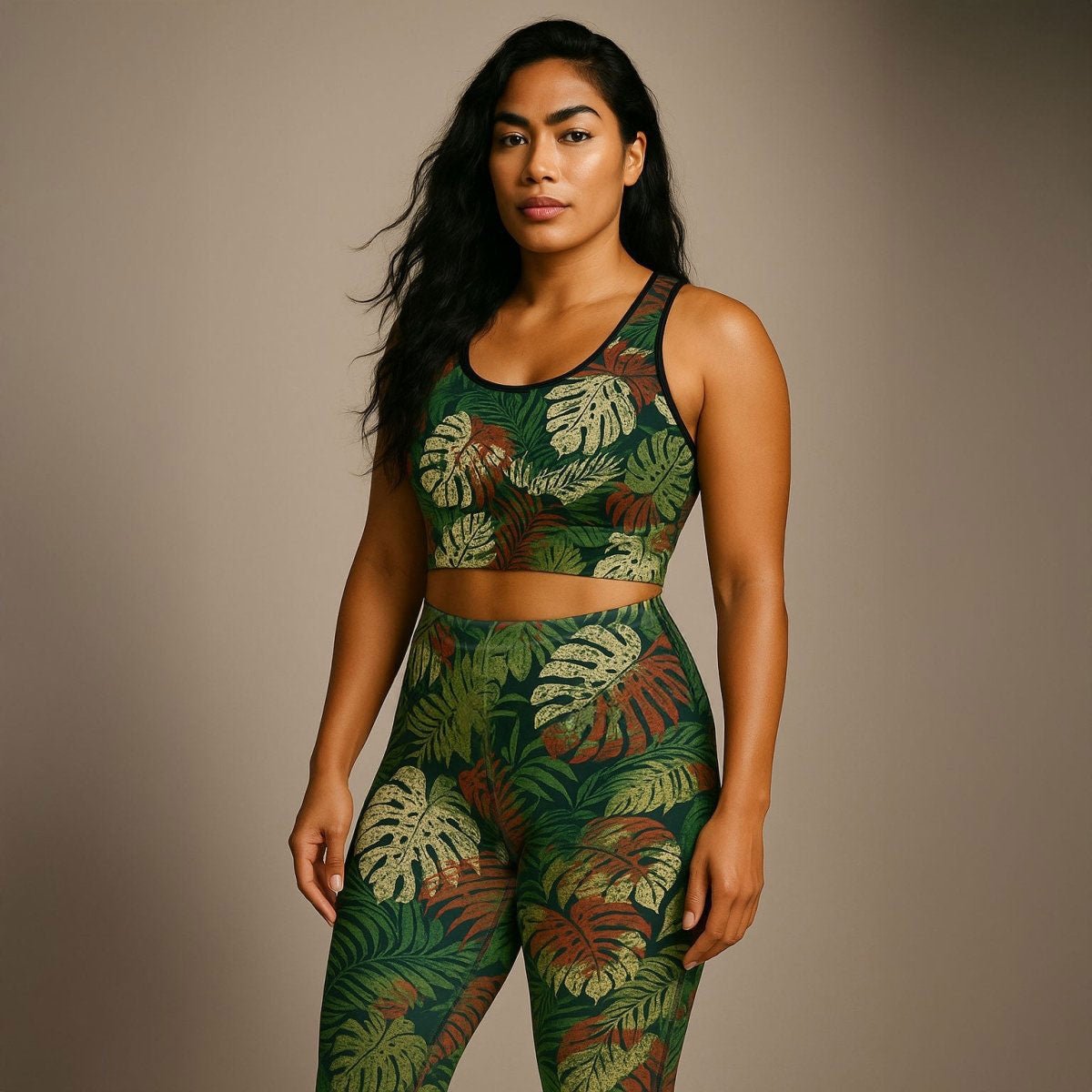 FYBY IslandFlex Mid-Rise Leggings in Tafatafa Greens, seamless sports leggings with black stitching, designed for active wear.