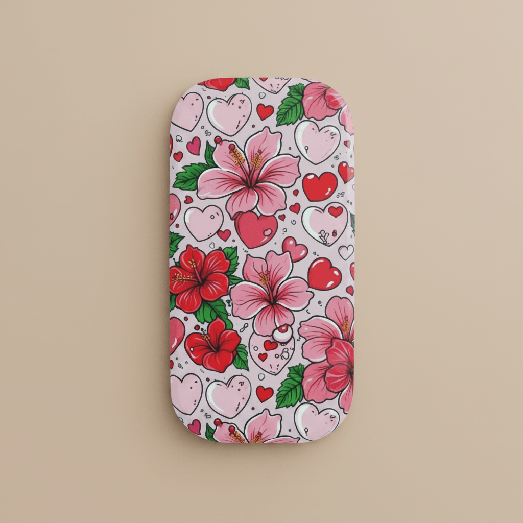 Wooden phone grip stand with Love & Aute design by WOYC, featuring tropical motifs and a compact, ergonomic shape.