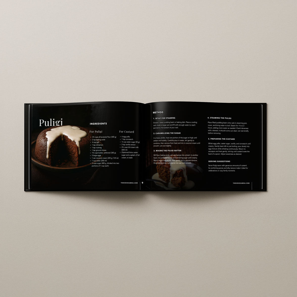 Hardcover A4 cookbook titled Samoan Delights with 12 Samoan recipes, published by Lulu Direct, featuring traditional Samoan cuisine.