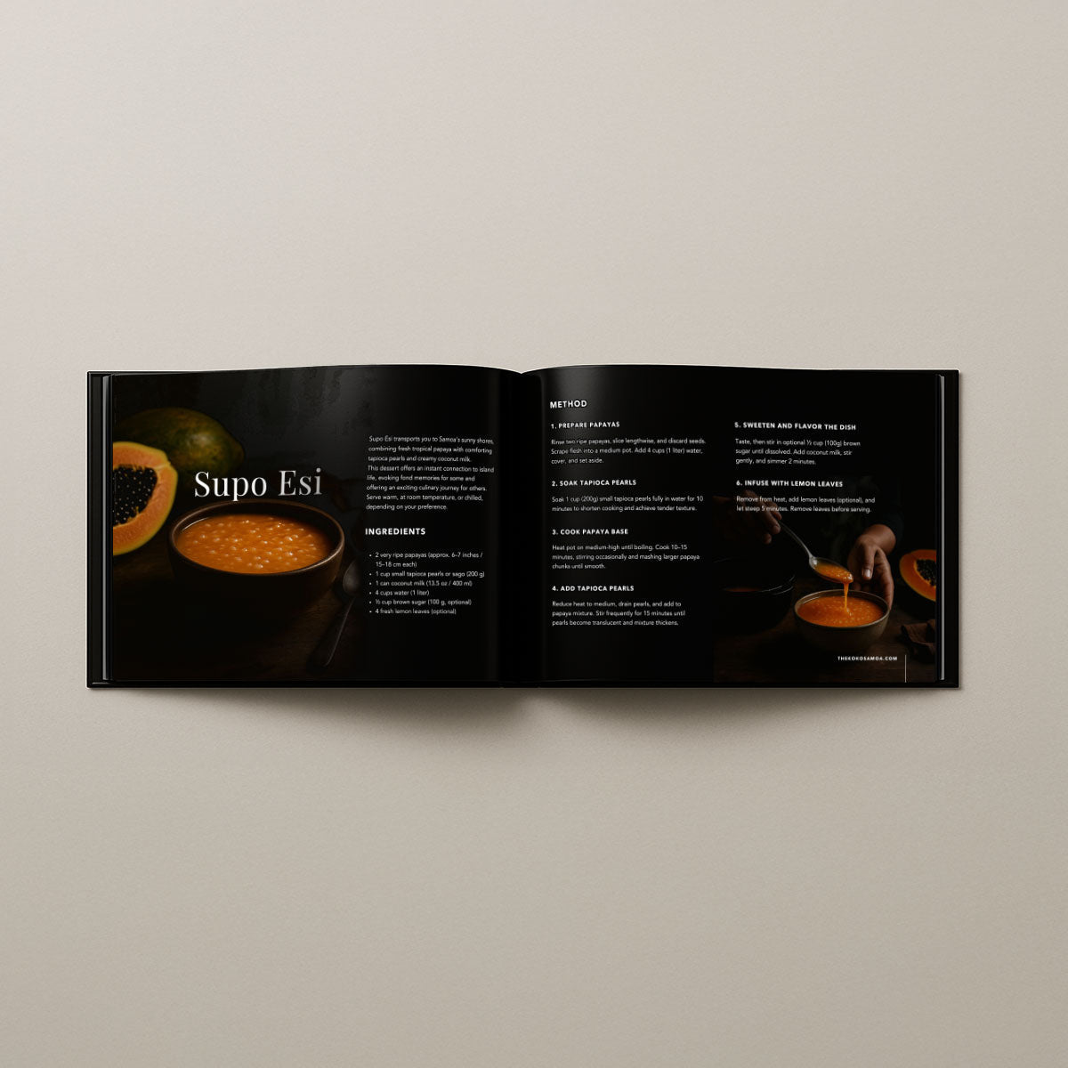 Hardcover A4 cookbook titled Samoan Delights, featuring 12 Samoan recipes, published by Lulu Direct, Vol 2 for AU/NZ/USA.