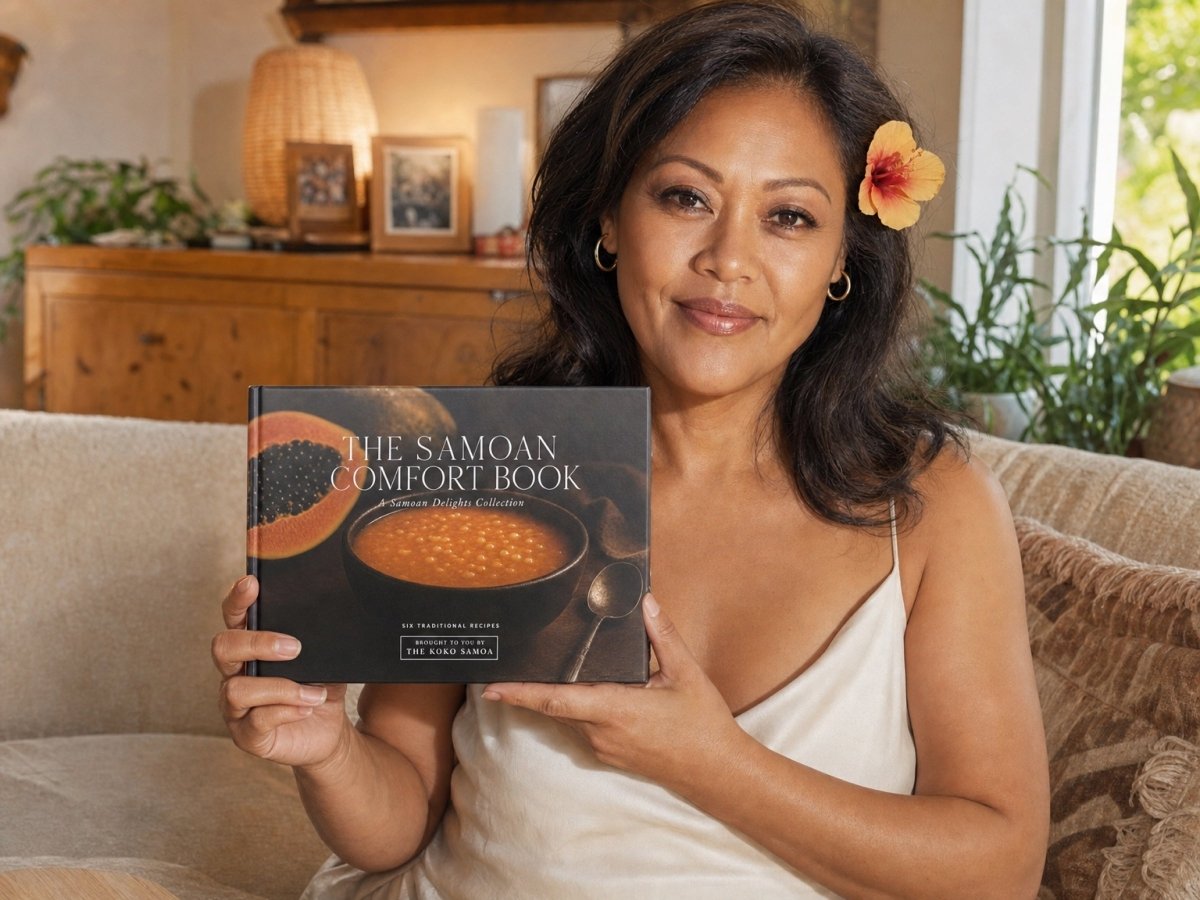 Hardcover keepsake book featuring 6 Samoan recipes, titled "The Samoan Comfort Book," published by District Photo.