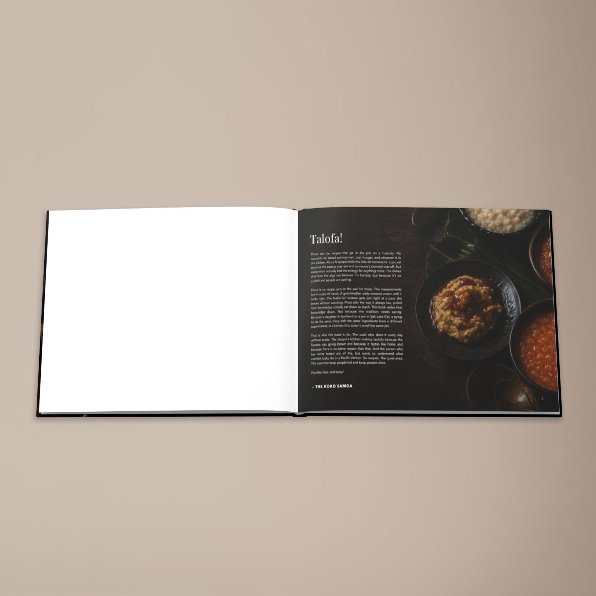 Hardcover keepsake book titled "The Samoan Comfort Book" featuring six traditional Samoan recipes, by District Photo.