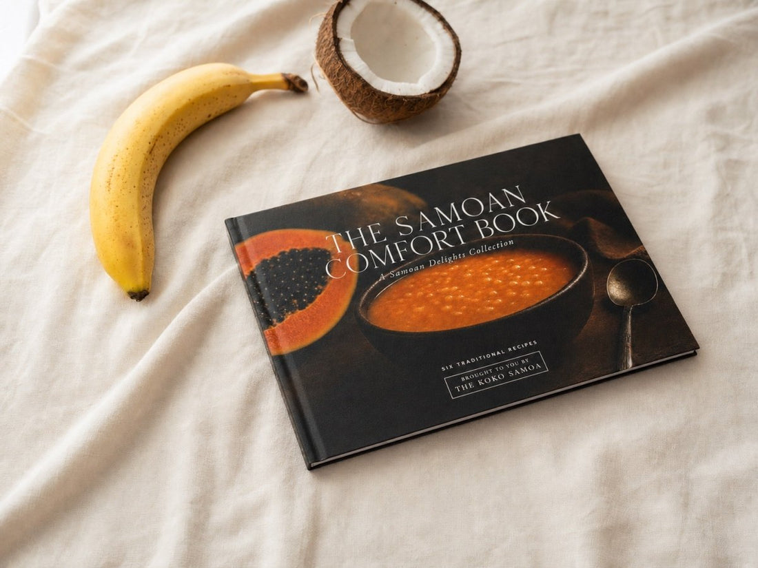 Hardcover keepsake book titled "The Samoan Comfort Book" featuring six traditional Samoan recipes, by District Photo.