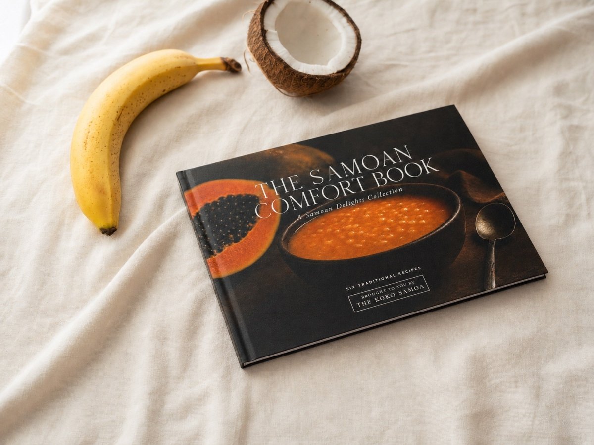 Hardcover keepsake book titled "The Samoan Comfort Book" featuring six traditional Samoan recipes, by District Photo.