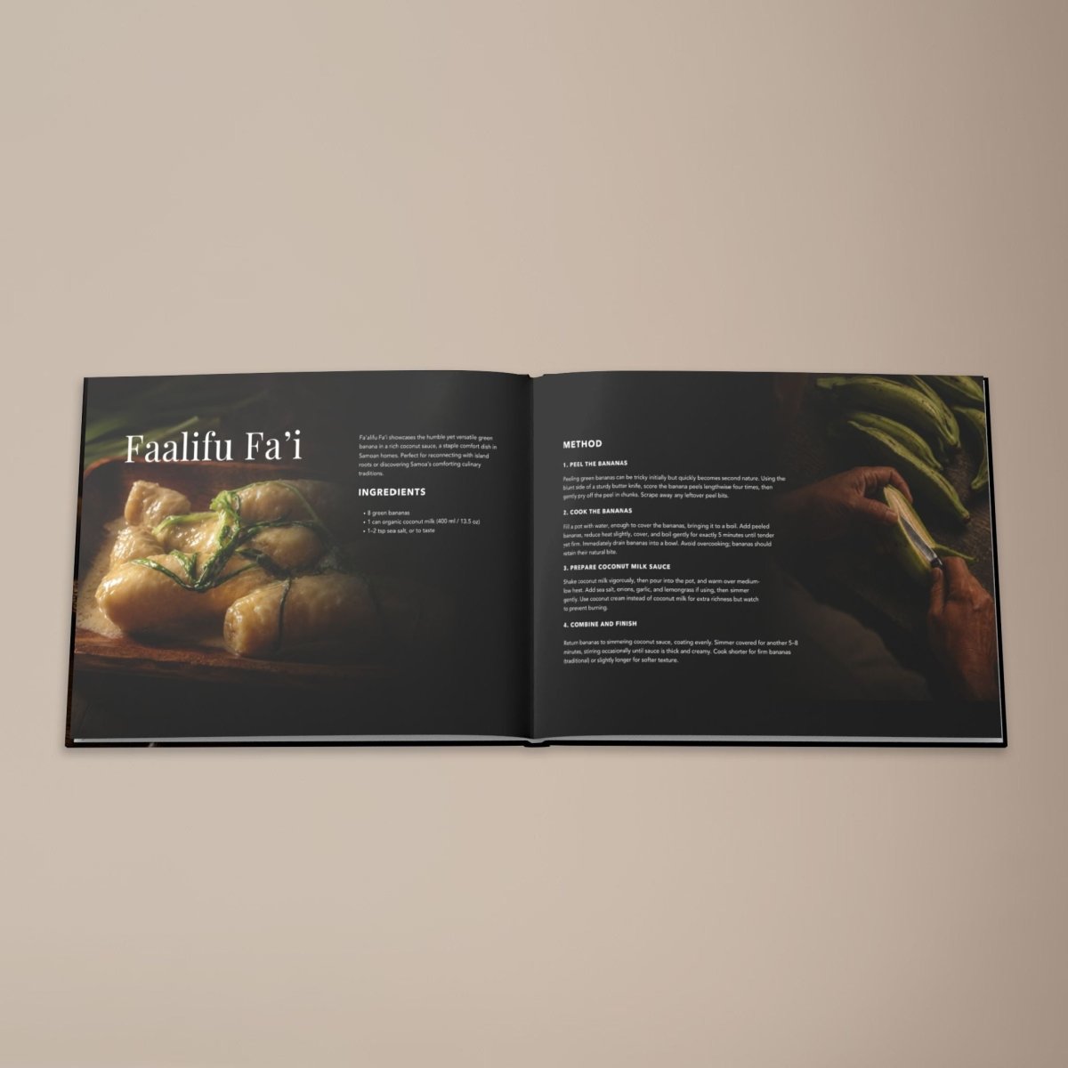 Hardcover keepsake book titled "The Samoan Comfort Book" with six traditional Samoan recipes, by District Photo.