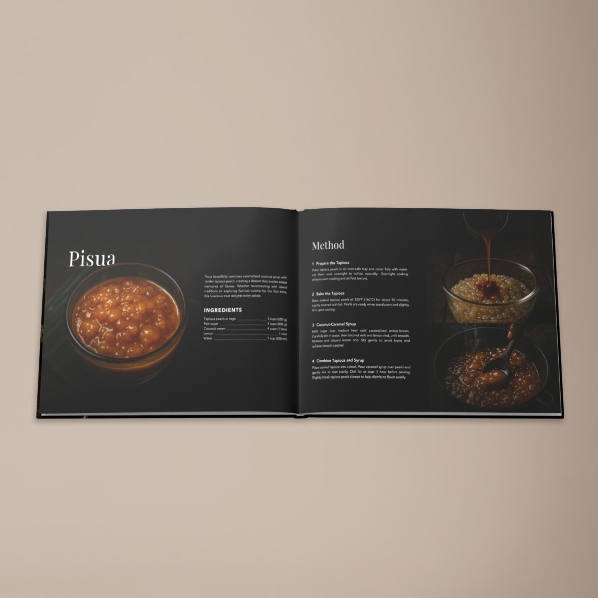Hardcover keepsake book featuring six traditional Samoan recipes, titled The Samoan Comfort Book, by District Photo.