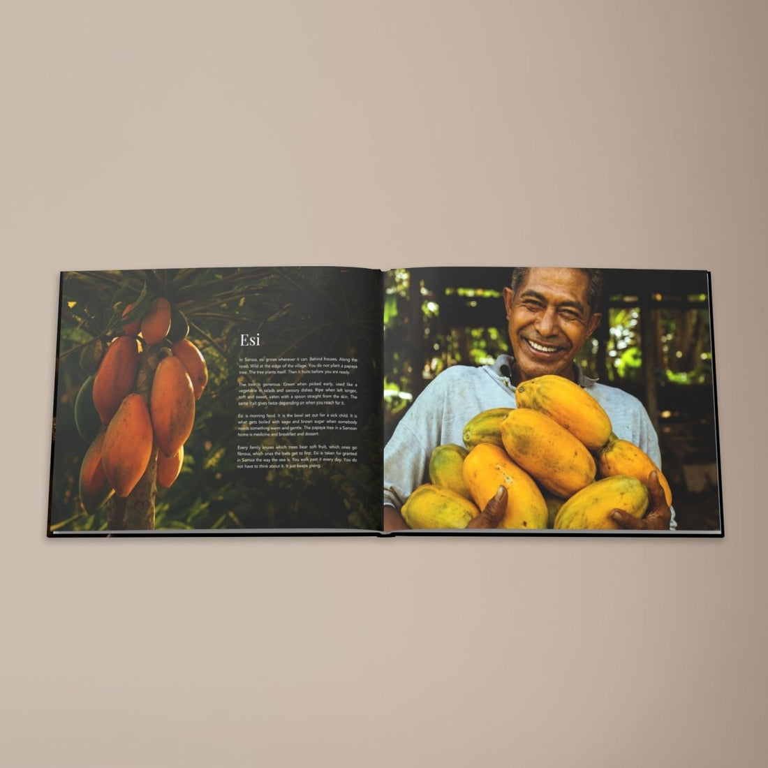 Hardcover keepsake book featuring six Samoan recipes, titled The Samoan Comfort Book,.