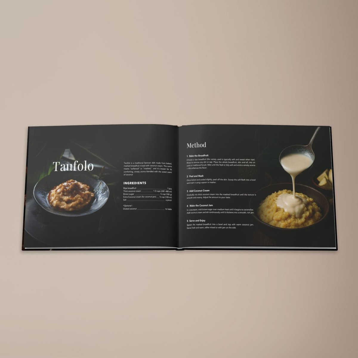 Hardcover keepsake book titled "The Samoan Comfort Book" with 6 traditional Samoan recipes, by District Photo.