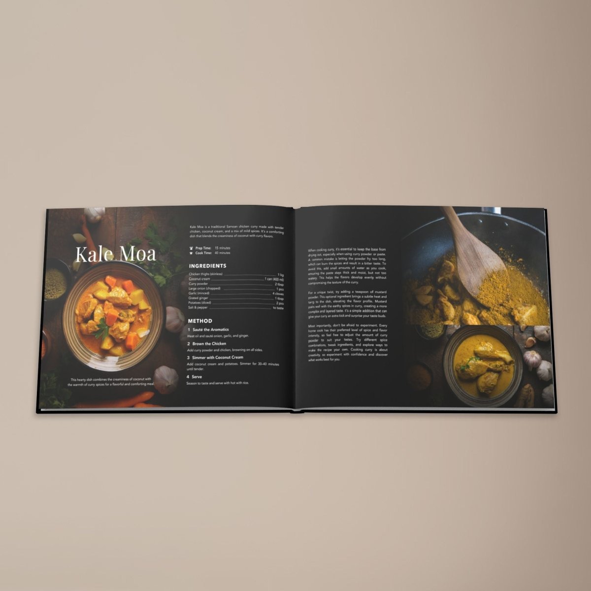 Hardcover keepsake book featuring six traditional Samoan recipes, with images of the Samoan cuisine and cultural illustrations.