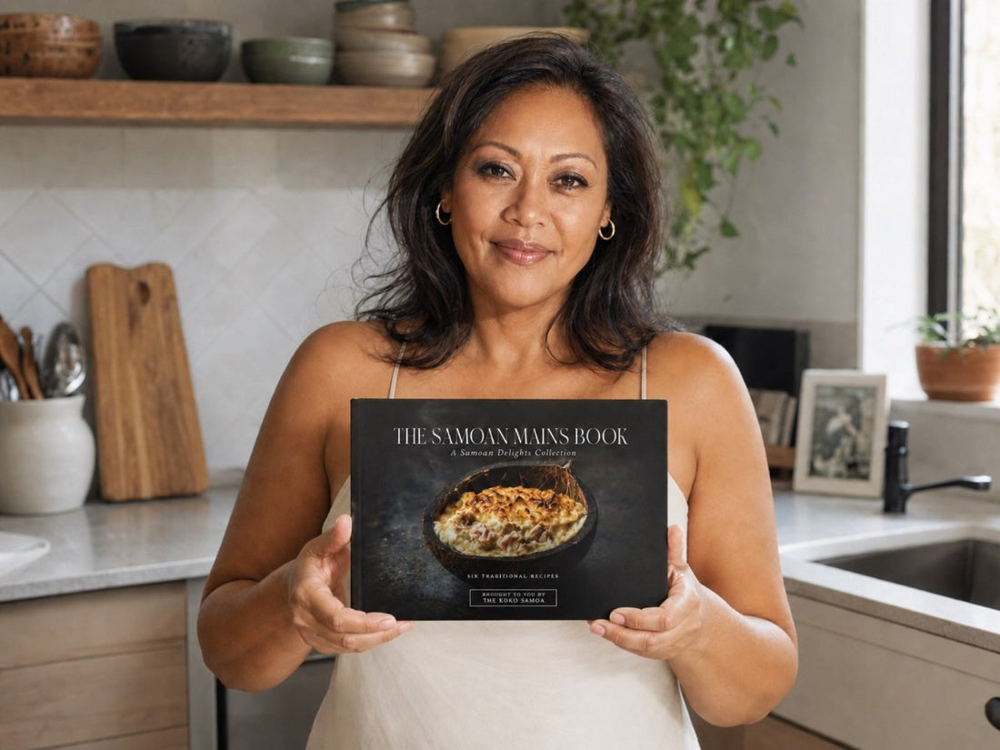 Hardcover keepsake book with Samoan recipes, featuring traditional dishes and cultural illustrations, by District Photo.
