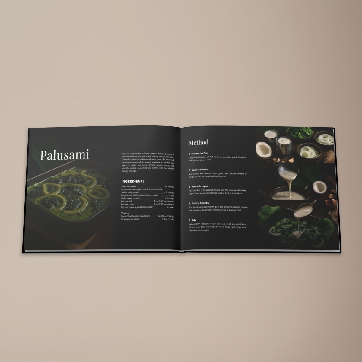 Hardcover keepsake book by District Photo featuring six traditional Samoan recipes, titled "The Samoan Mains Book."
