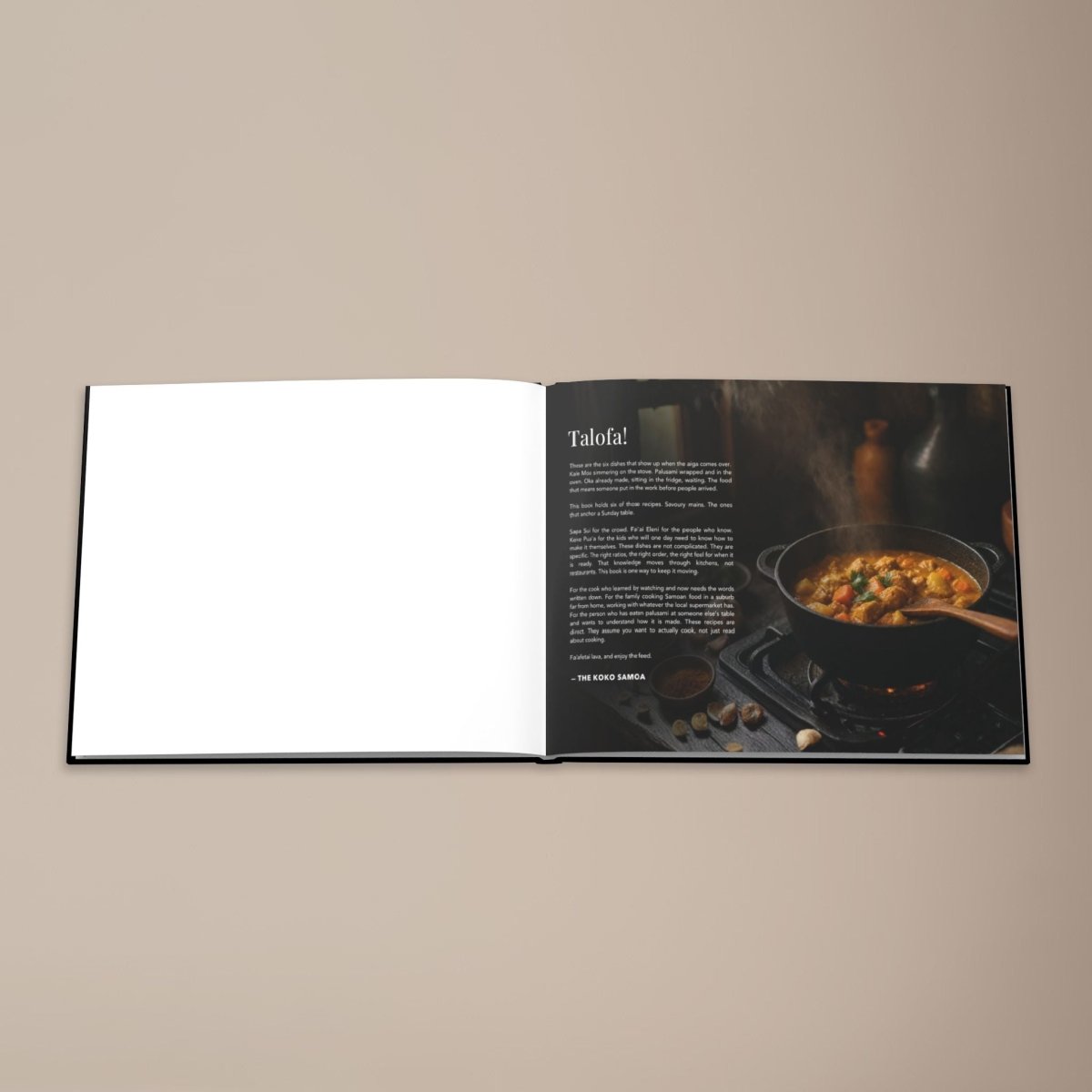 Hardcover keepsake book titled "The Samoan Mains Book" with six traditional Samoan recipes, by District Photo.