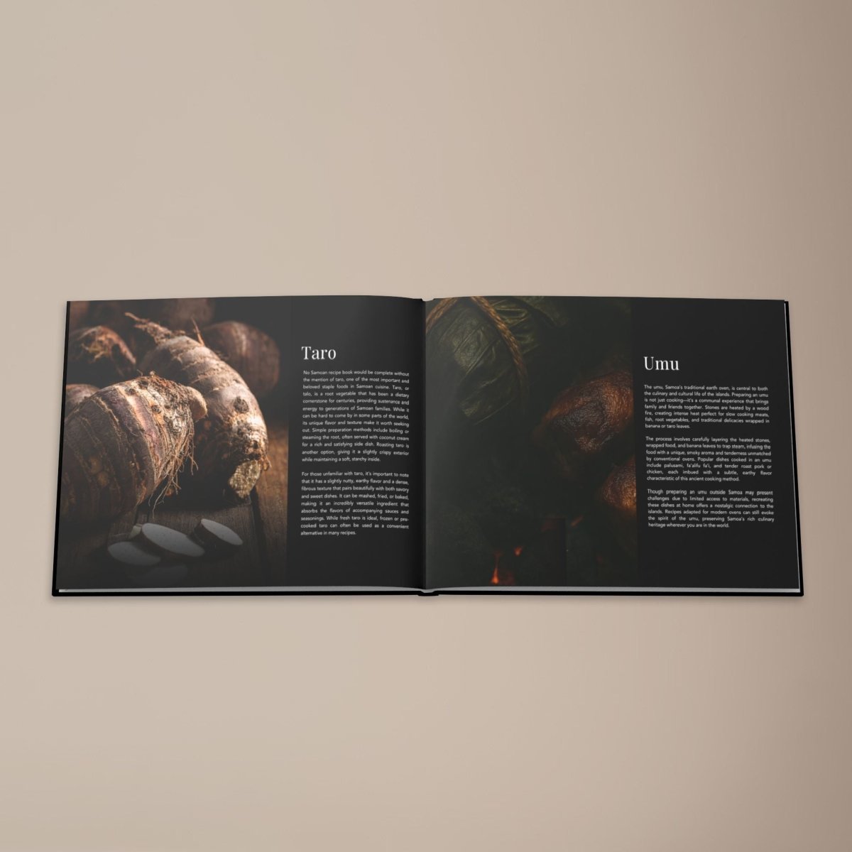 Hardcover keepsake book titled "The Samoan Mains Book" featuring six traditional Samoan recipes from District Photo.