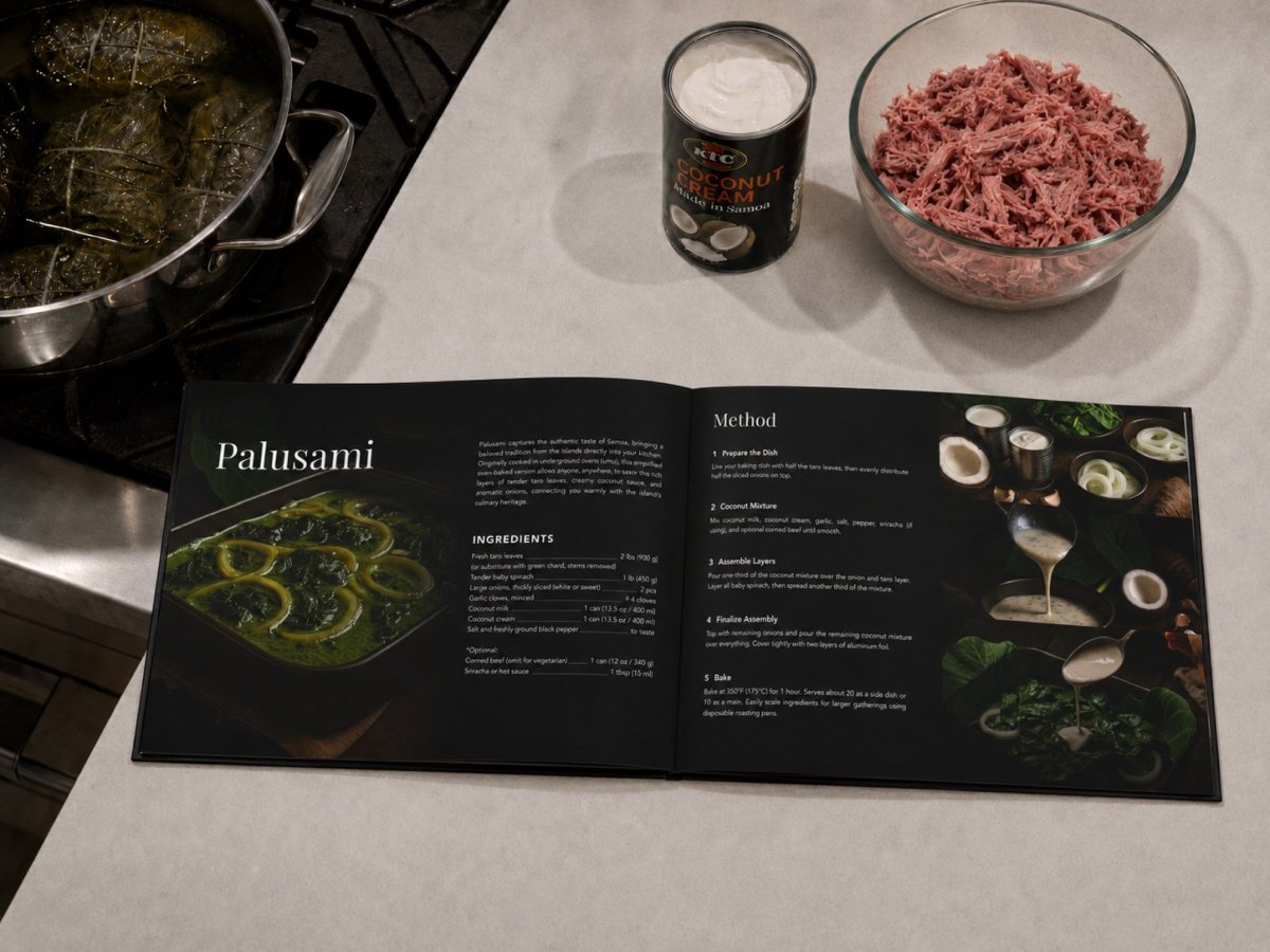 Hardcover keepsake book featuring six traditional Samoan recipes, published by District Photo, with colorful cover design.