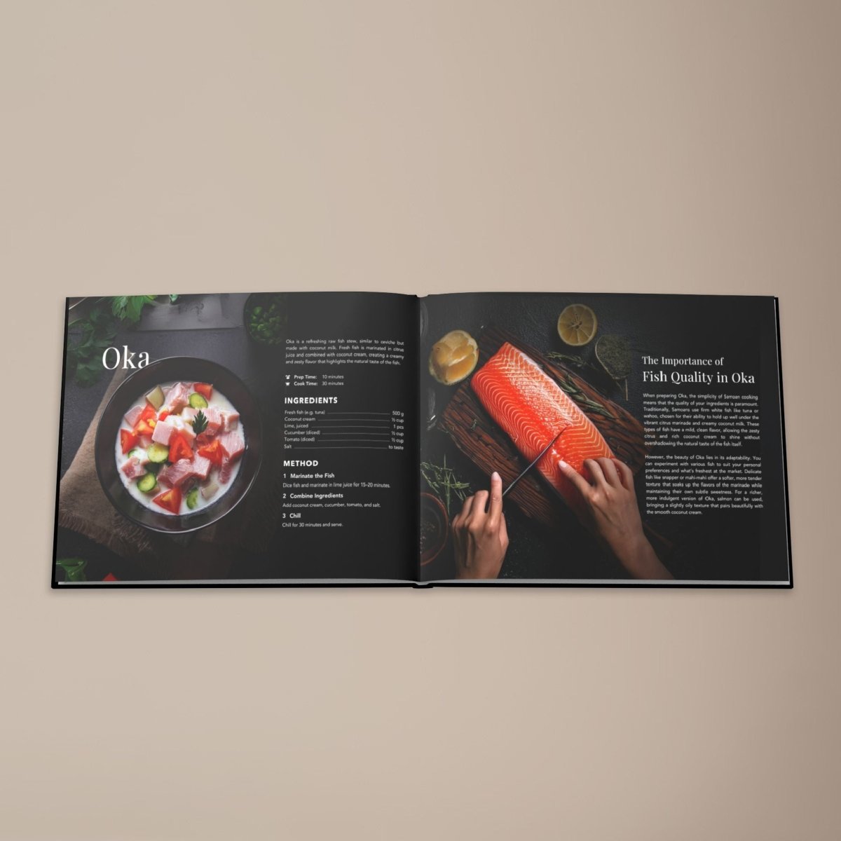 Hardcover keepsake book featuring six authentic Samoan recipes, including Koko Samoa, by District Photo.