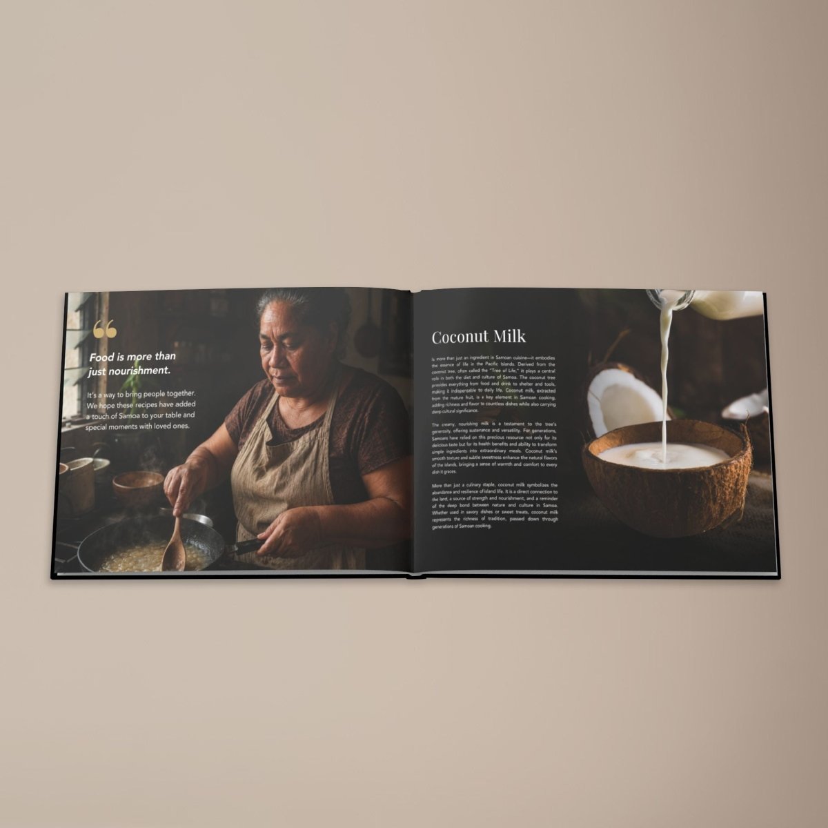 Hardcover keepsake book featuring six authentic Samoan recipes from District Photo, with vibrant images of traditional dishes.