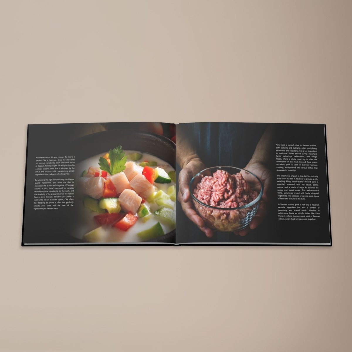 Hardcover keepsake book featuring 6 traditional Samoan recipes, titled "The Samoan Mains," by District Photo.