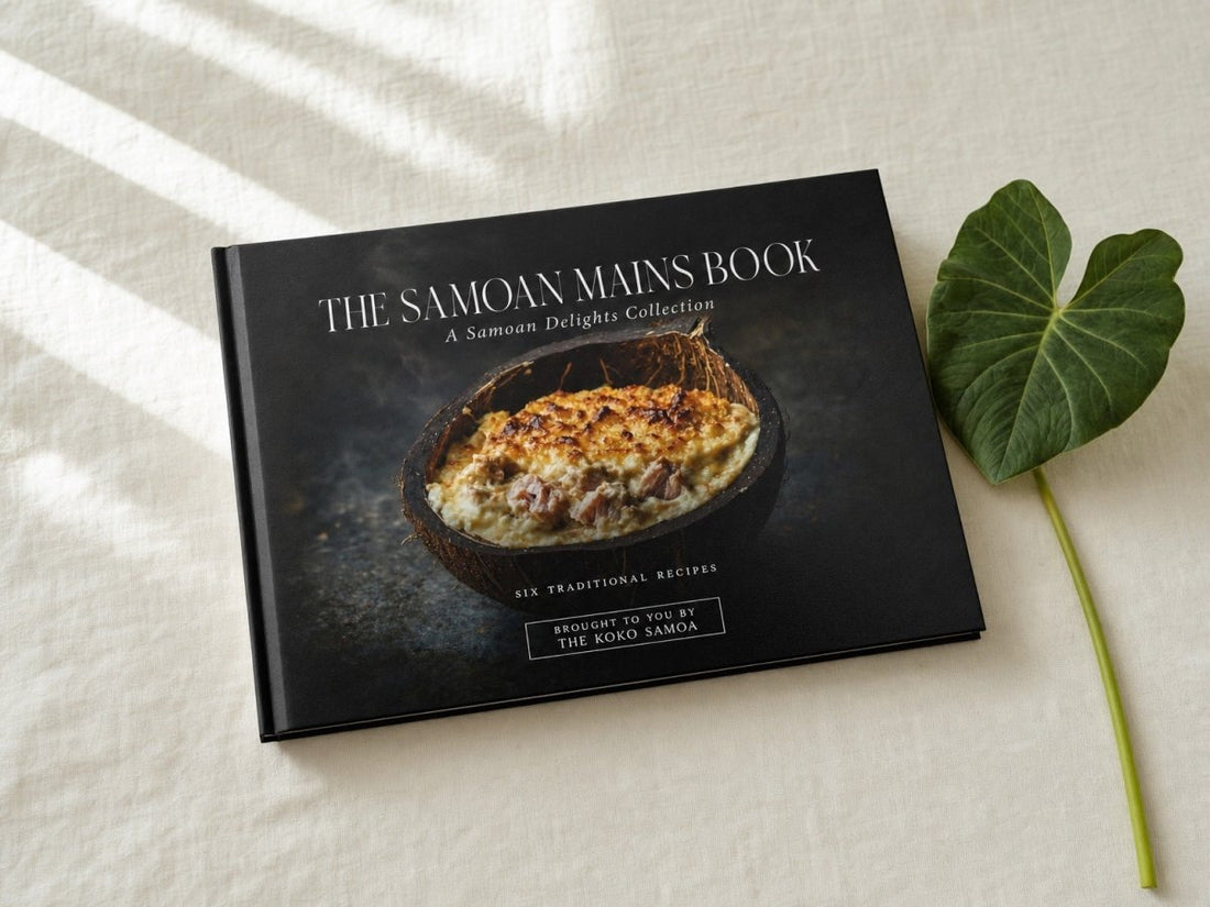 Hardcover keepsake book featuring six traditional Samoan recipes, with colorful images and cultural details.