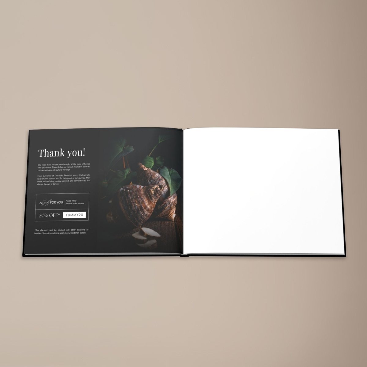 Hardcover keepsake book featuring six traditional Samoan recipes, published by District Photo, with vibrant cover design.
