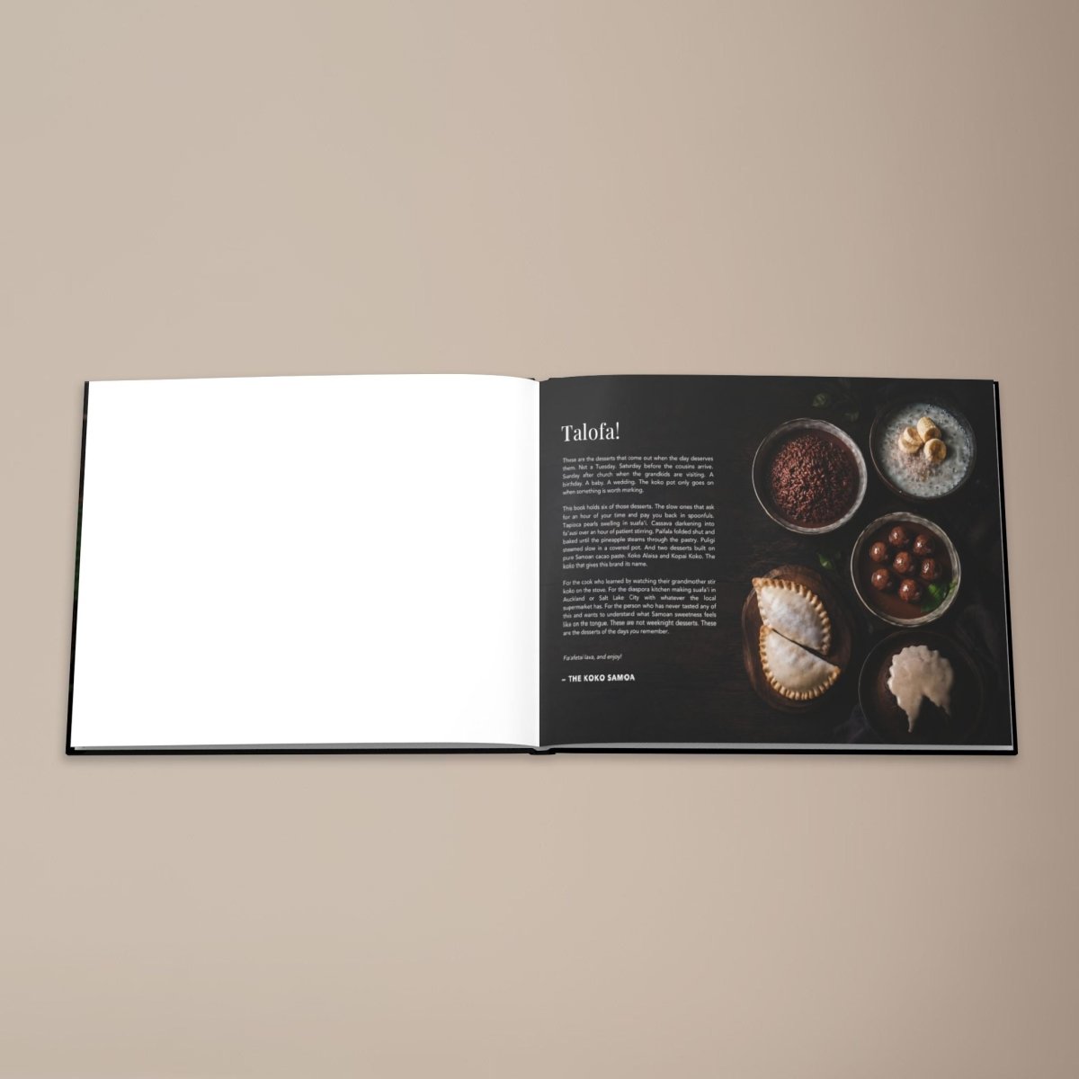 Hardcover keepsake book titled The Samoan Sweets Book featuring 6 traditional Samoan recipes, by District Photo.