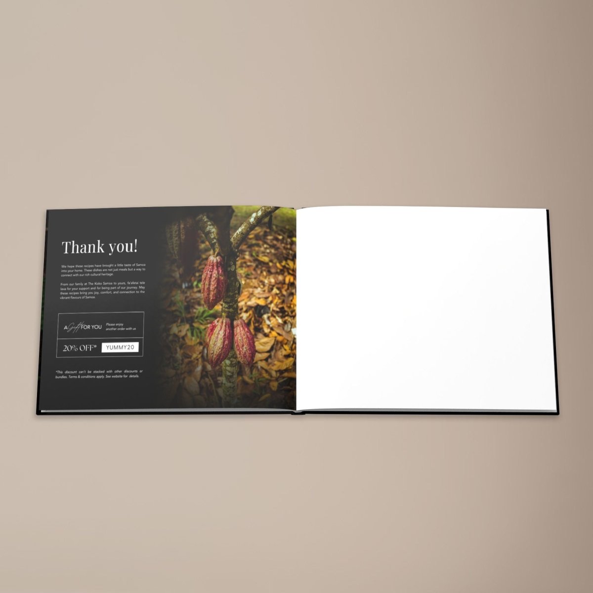 Hardcover keepsake book titled The Samoan Sweets Book with six Samoan recipes, published by District Photo.