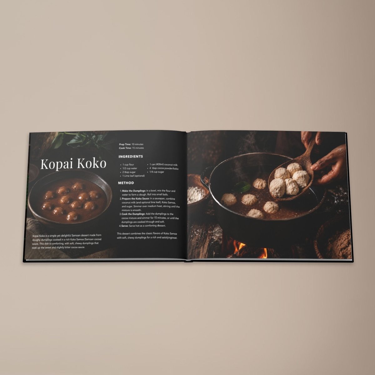 Hardcover keepsake book titled "The Samoan Sweets Book" featuring six traditional Samoan recipes, by District Photo.