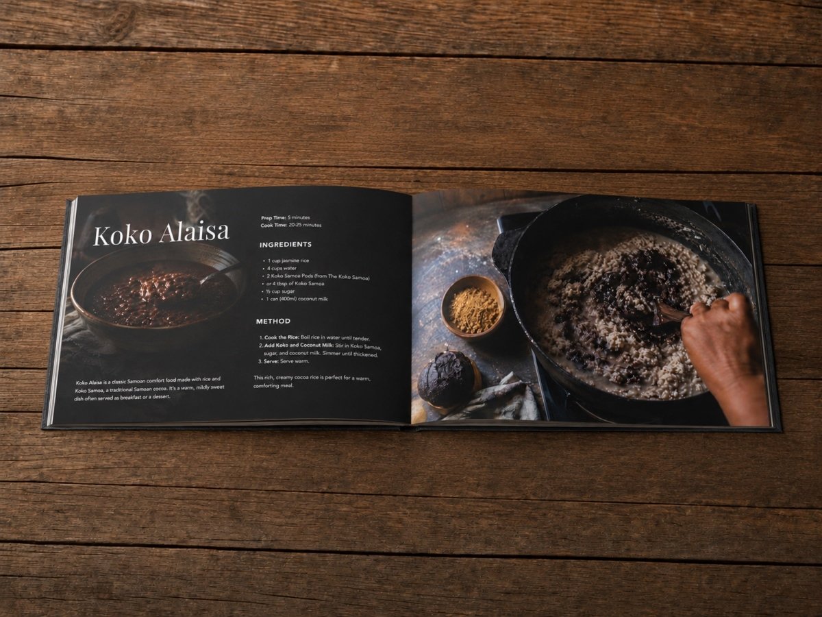 Hardcover keepsake book titled The Samoan Sweets Book with six traditional Samoan recipes by District Photo.