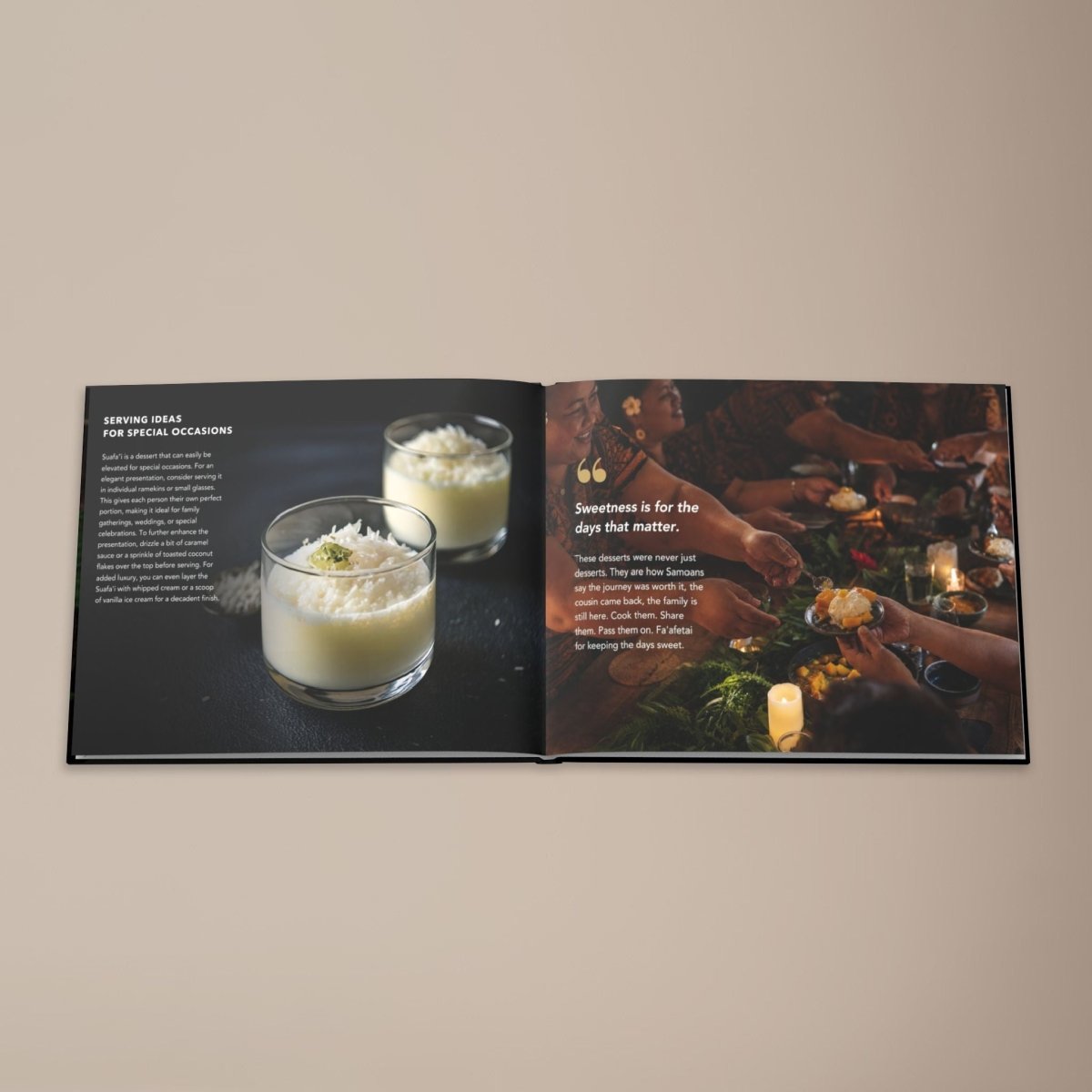 Hardcover keepsake book titled "The Samoan Sweets Book" featuring six traditional Samoan recipes, by District Photo.